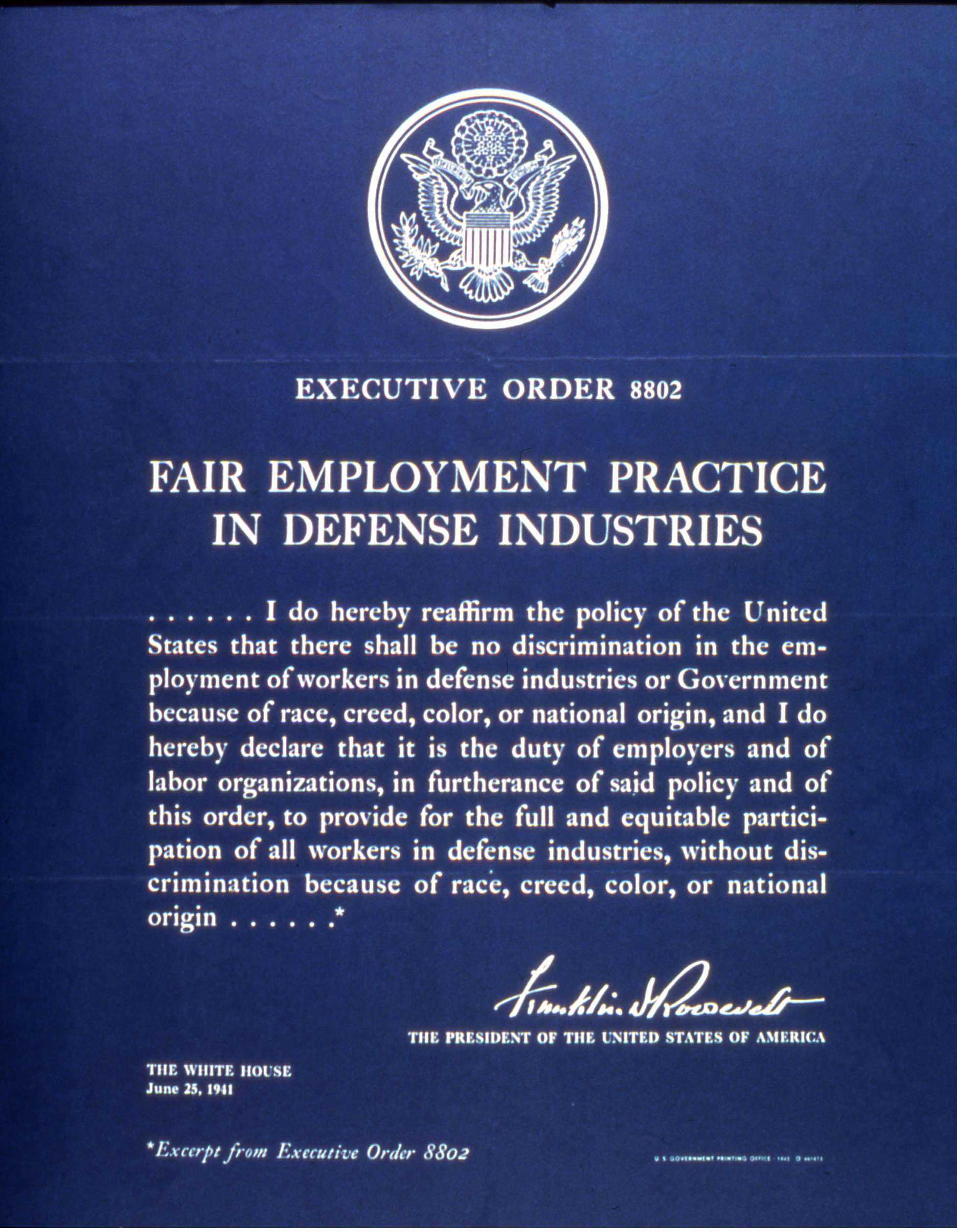 Image of Executive Order 8802, “Fair Employment Practice in Defense Industries”