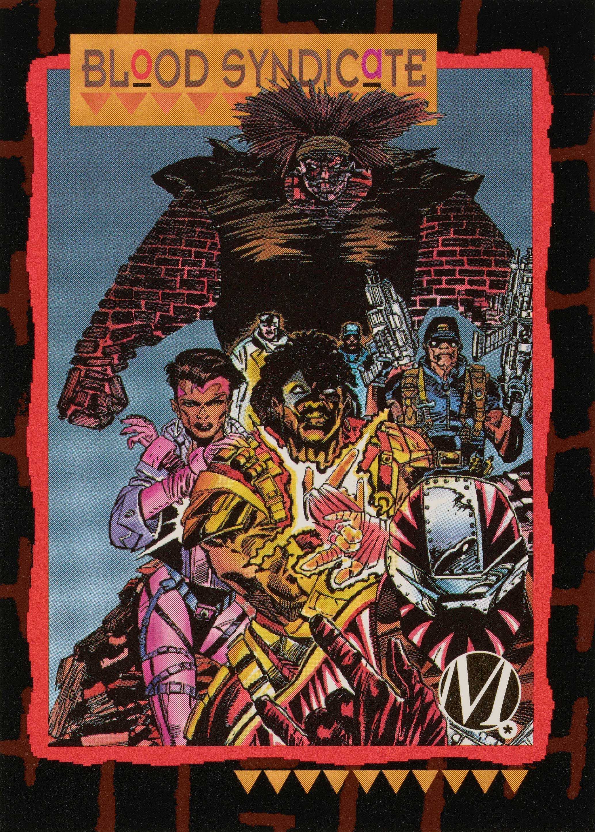 A Milestone trading card features a color image of the character Blood Syndicate.