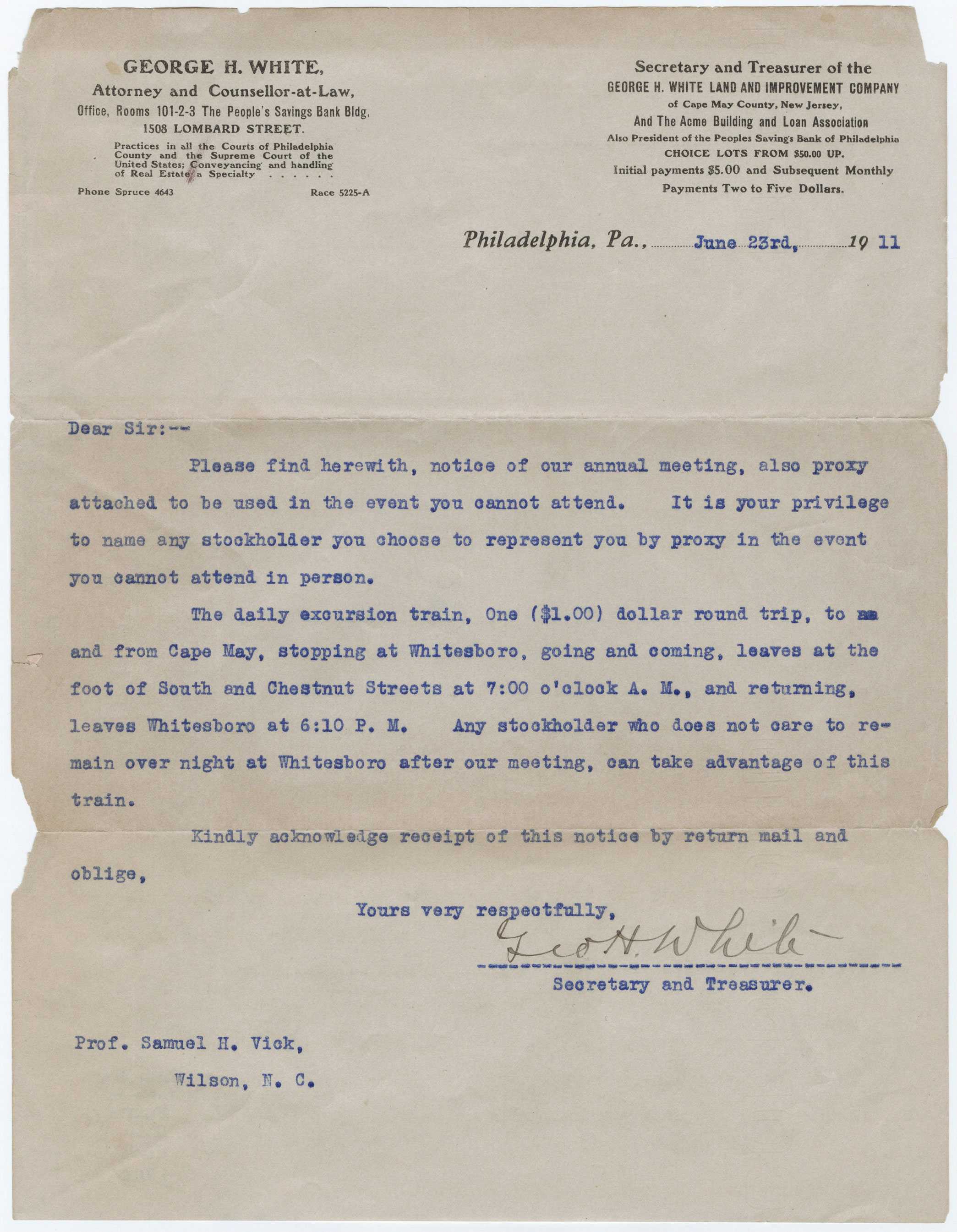 A typed letter from George H. White to Samuel H. Vick discussing sending a representative to a meeting.