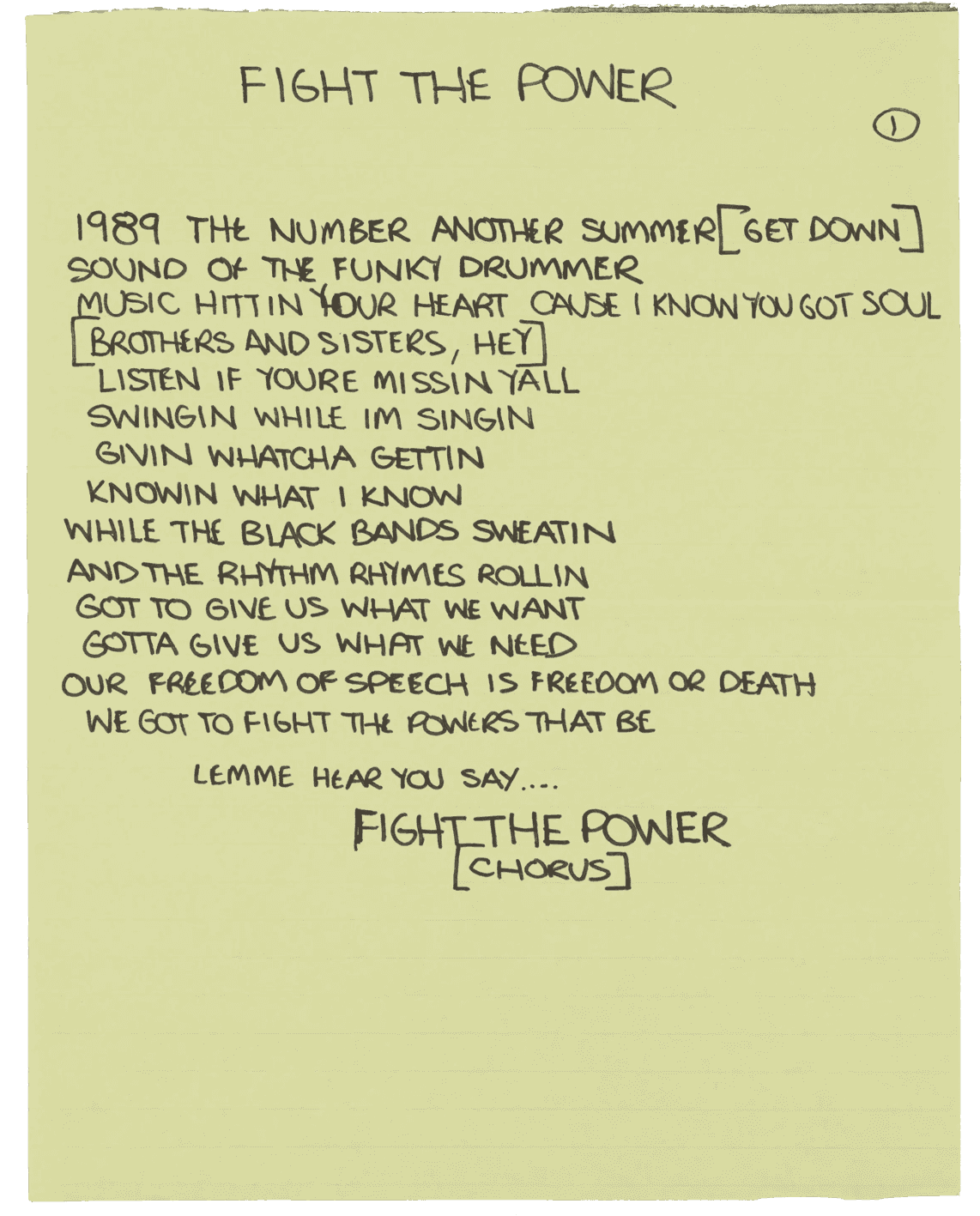 Handwritten lyrics for Fight the Power song
