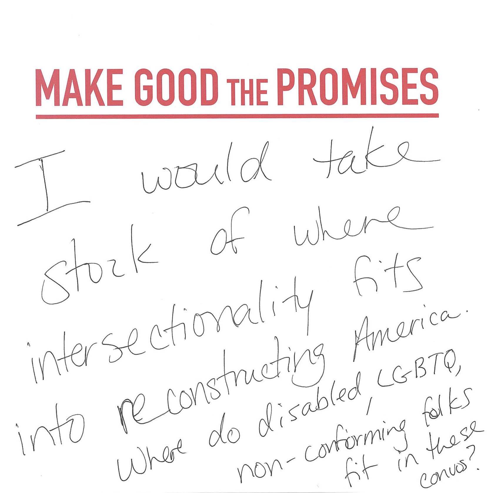 A white card with the handwritten message that discussion intersectionality in America.