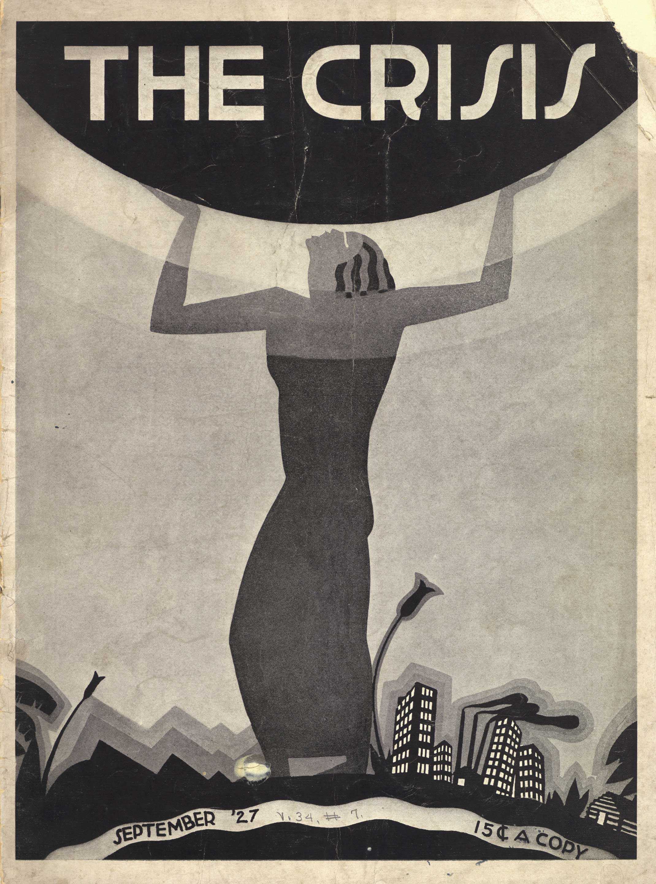 A black and white magazine cover of a graphic woman holding up a dark circle against a skyline in the distance.