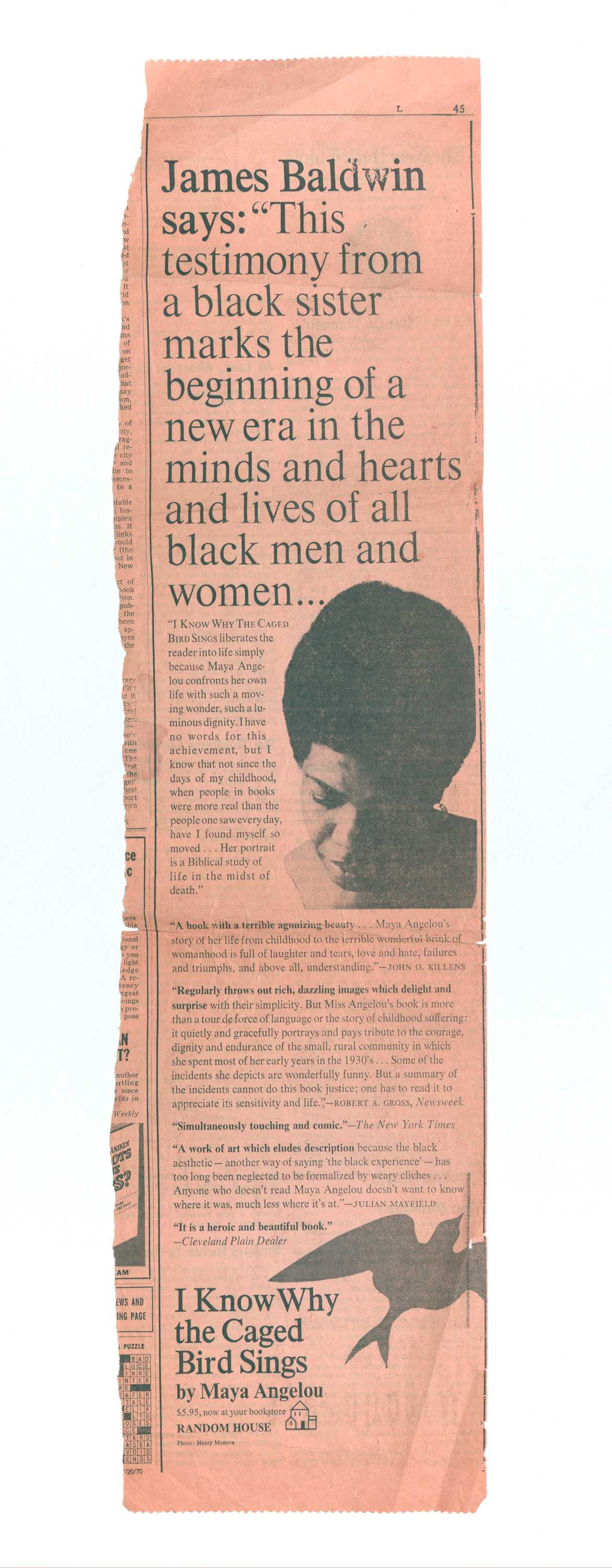 Image of New York Times clipping with reviews of Maya Angelou’s I Know Why the Caged Bird Sings.