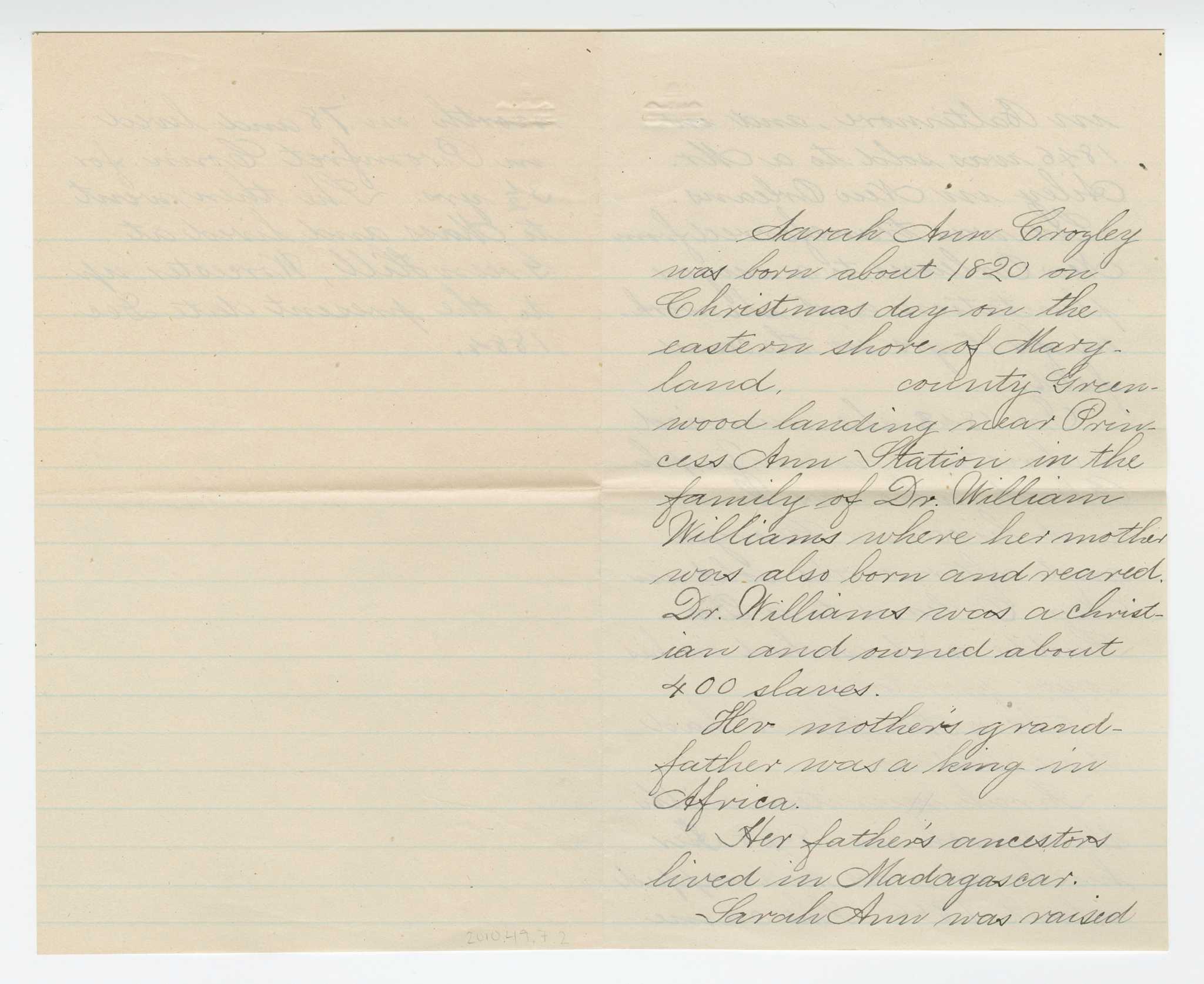 A handwritten black ink on lined paper. The writing is on the front and inside of the paper, which is folded in half. This appears to be a transcription of the original biography, containing spelling and grammar corrections not seen in the original which is part of the collection as well, 2010.49.4.1. The document is a short biography of Sarah Ann Blunt Crozely.