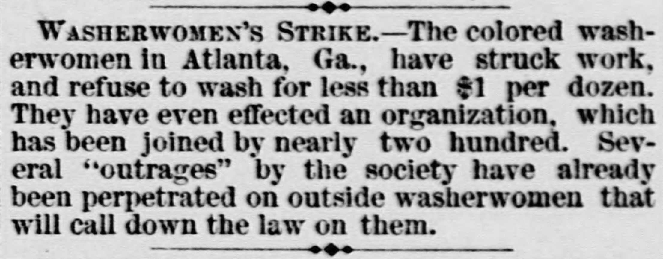 A clipping of a short paragraph from a newspaper that discusses the Washerwomen's Strike