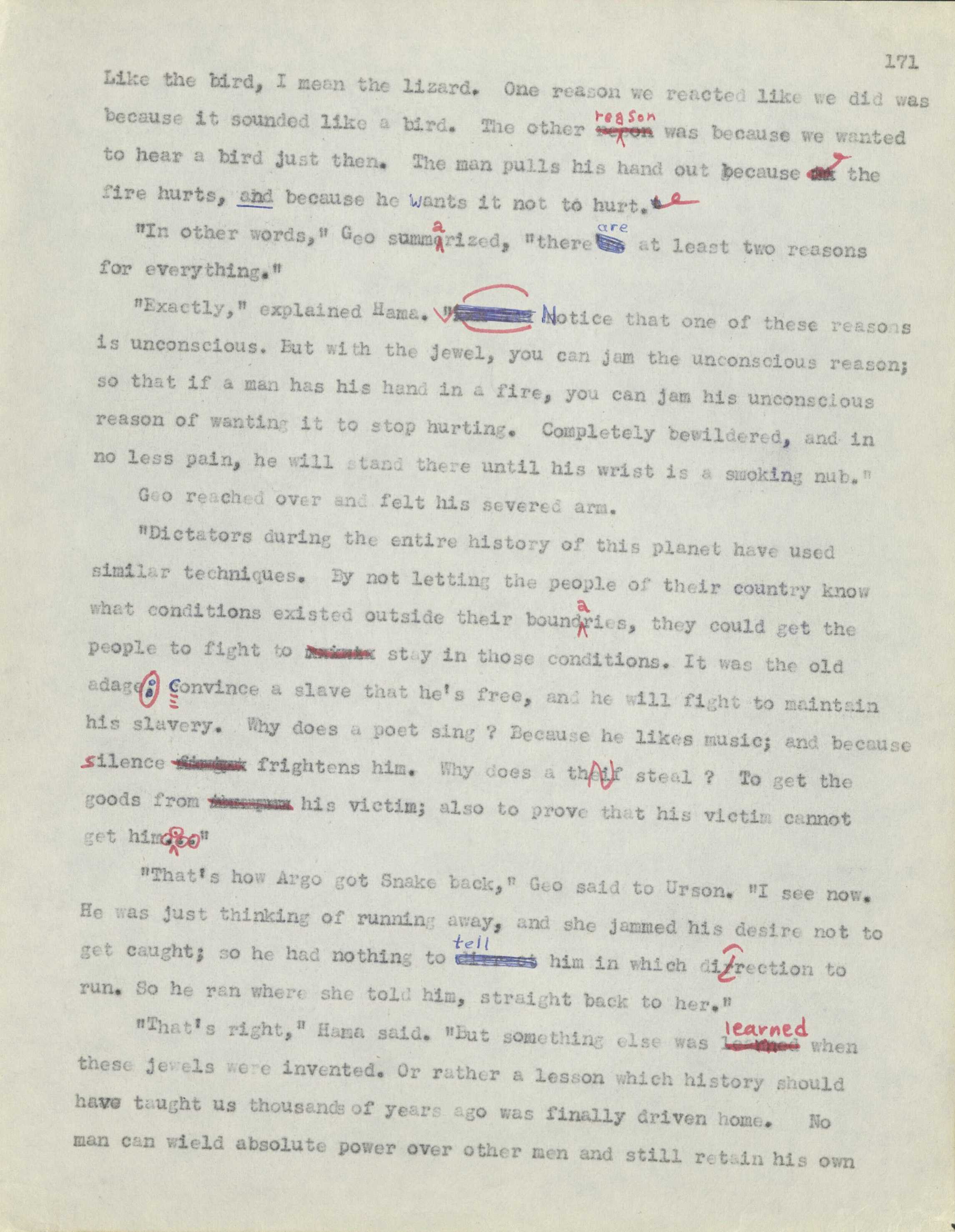 A typed manuscript of Jewel. The manuscript fill the page and has red and white pen edits.