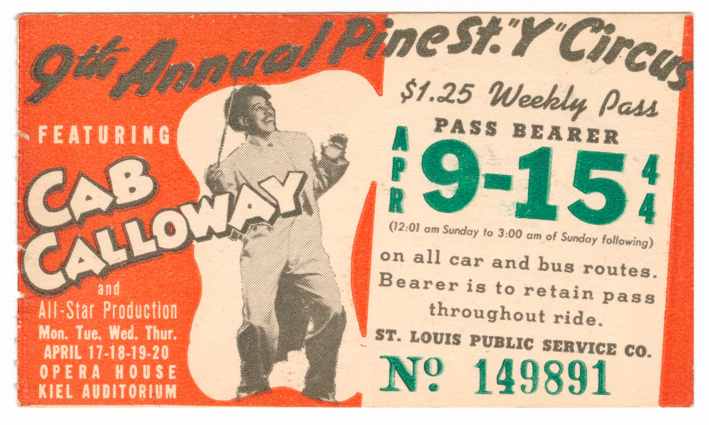 Transit pass for the St. Louis Public Service Company depicting Cab Calloway.