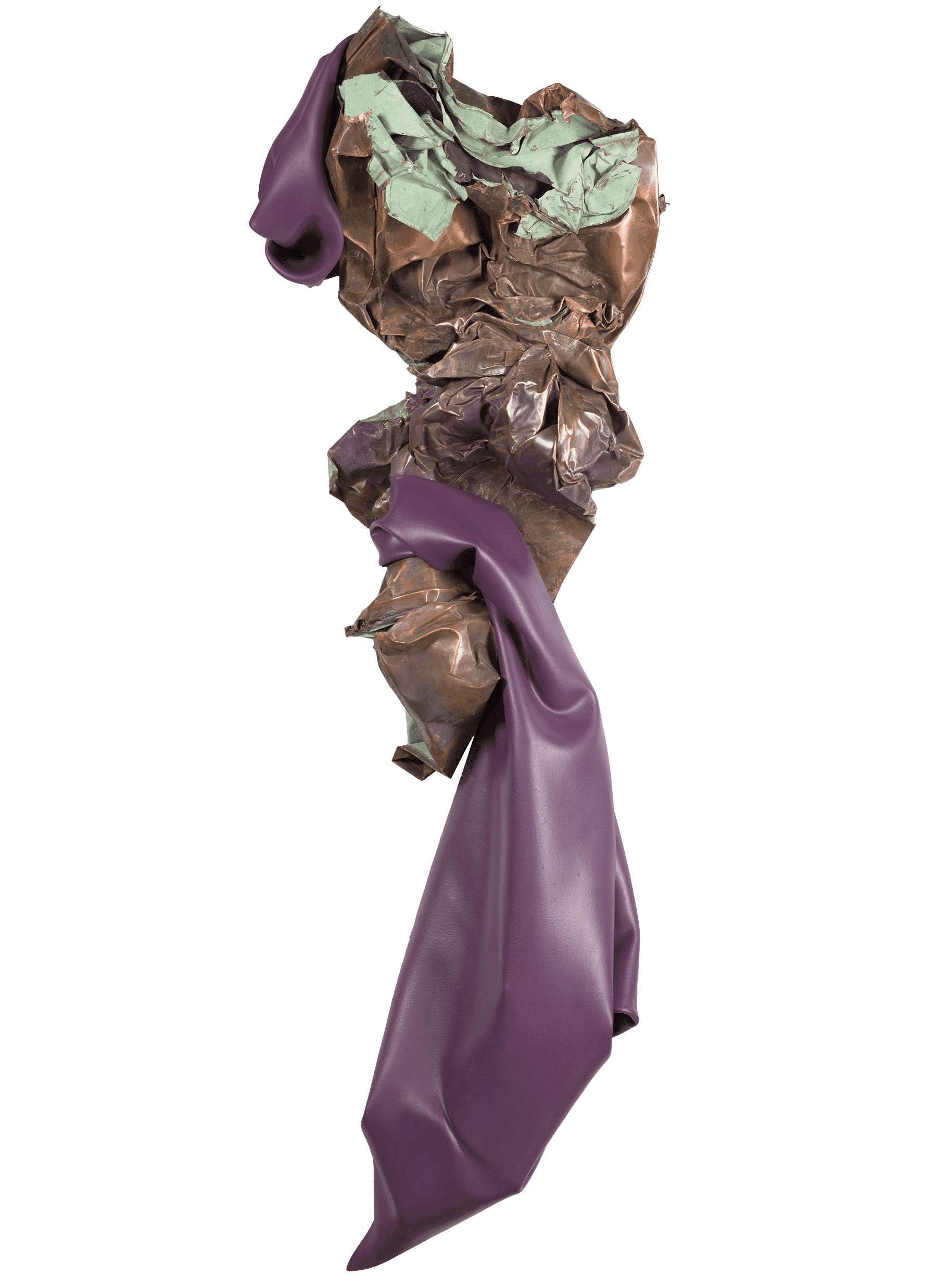 Abstract sculpture with crumpled and folded metallic elements, accented with flowing purple fabric.