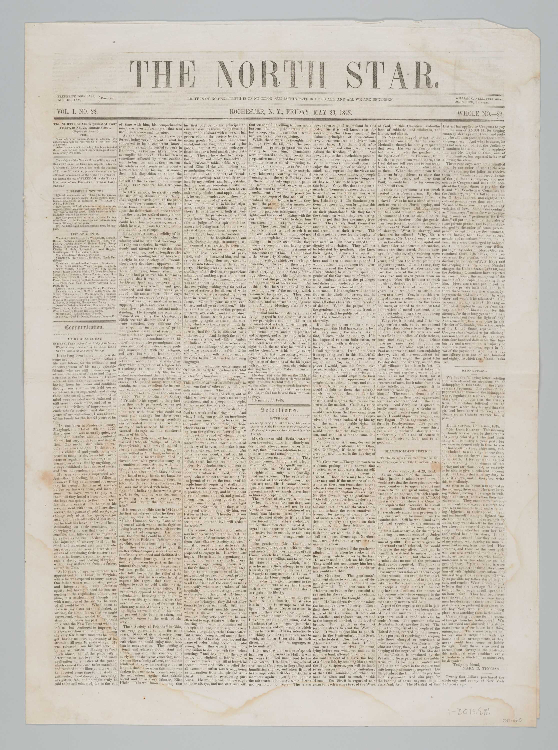 The May 26, 1848 issue of the North Star, Volume 1, Number 22.