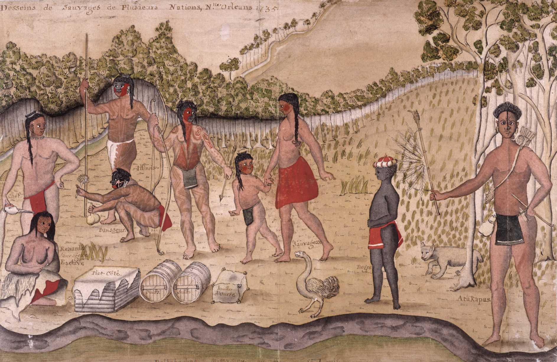 Color painting of Native Americans alongside one enslaved person