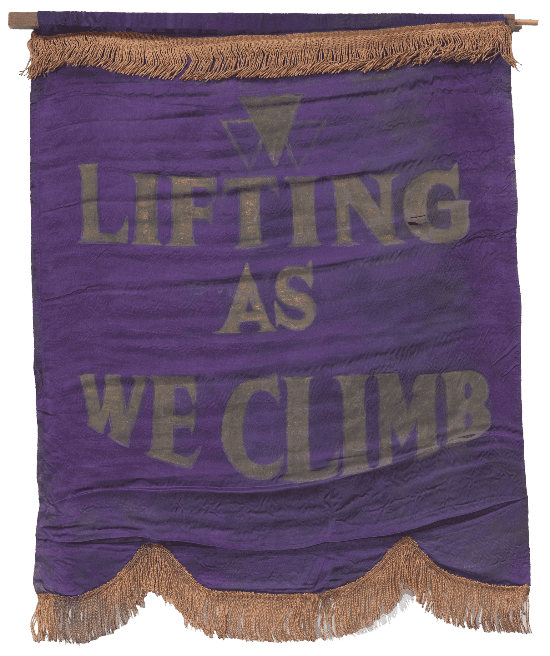 A purple silk banner with gold fringe and the National Association of Colored Women’s Clubs' motto, "LIFTING / AS / WE CLIMB" painted in large gold letters.