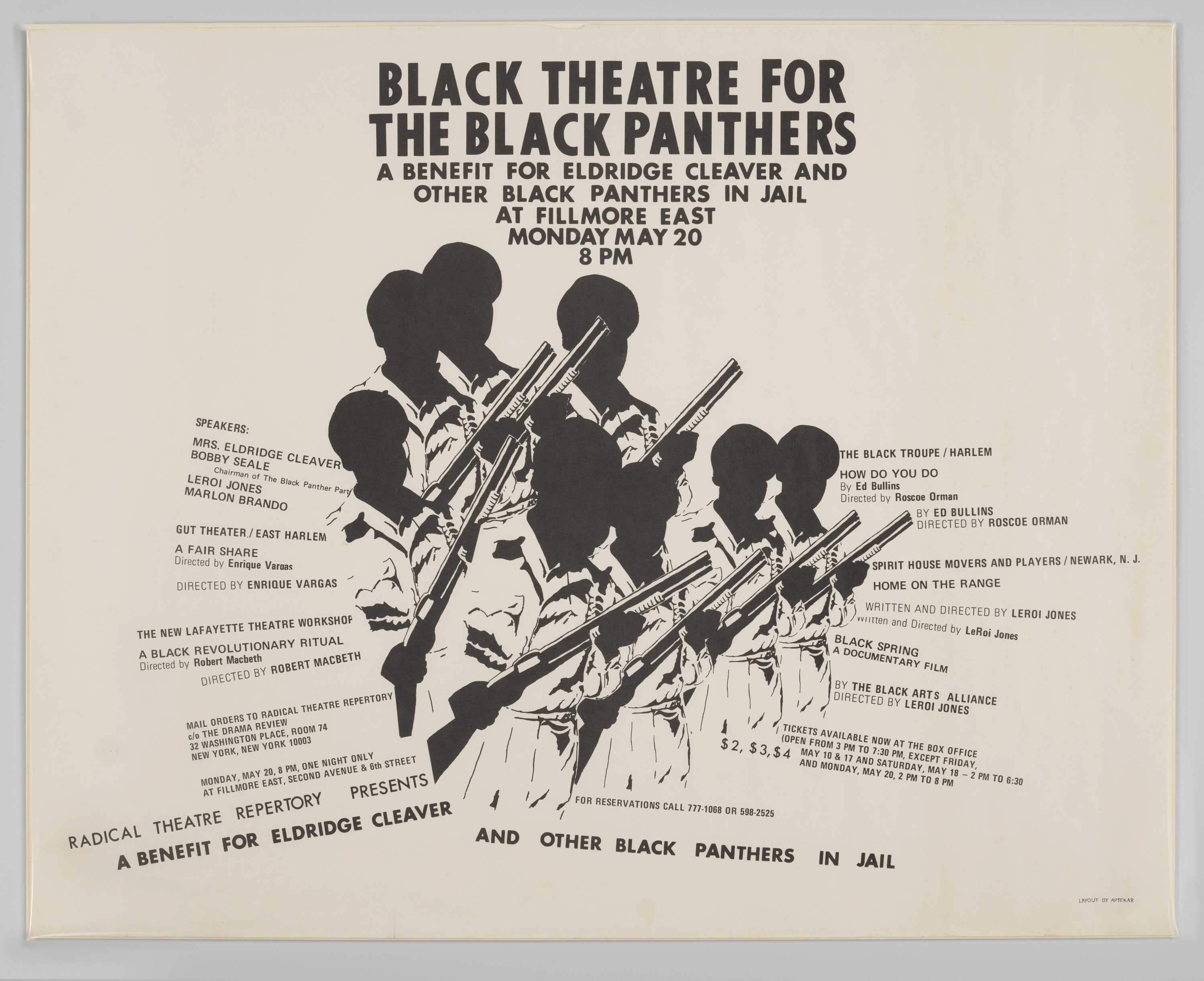 Black and white poster advertising “Black Theatre for the Black Panthers” with outlines of people.