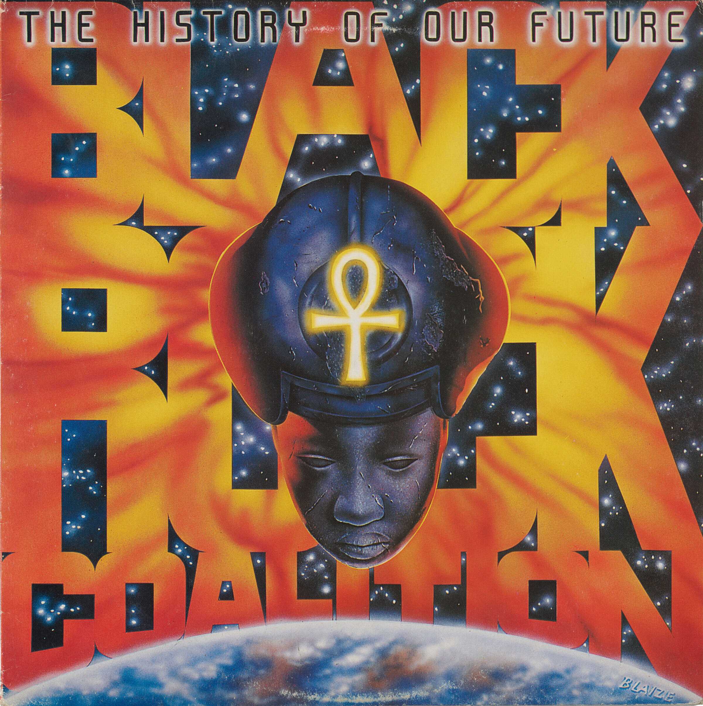 "Black Rock Coalition" is in bold, orange typography, is the background. The edge of earth is in the bottom frame.