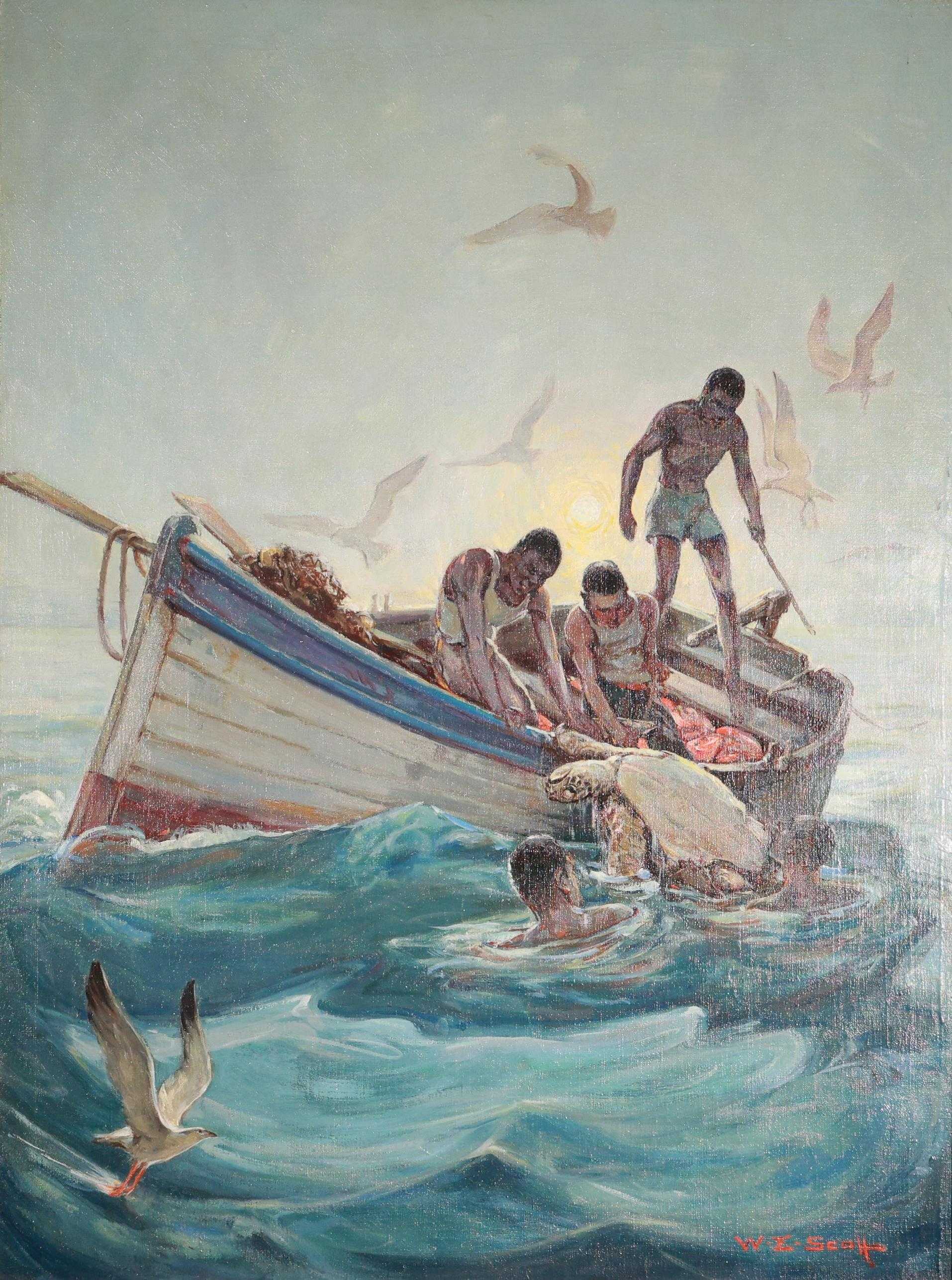 Oil painting depicts a man in a dismasted, rudderless boat facing a perilous situation at sea, threatened by sharks and a distant waterspout.