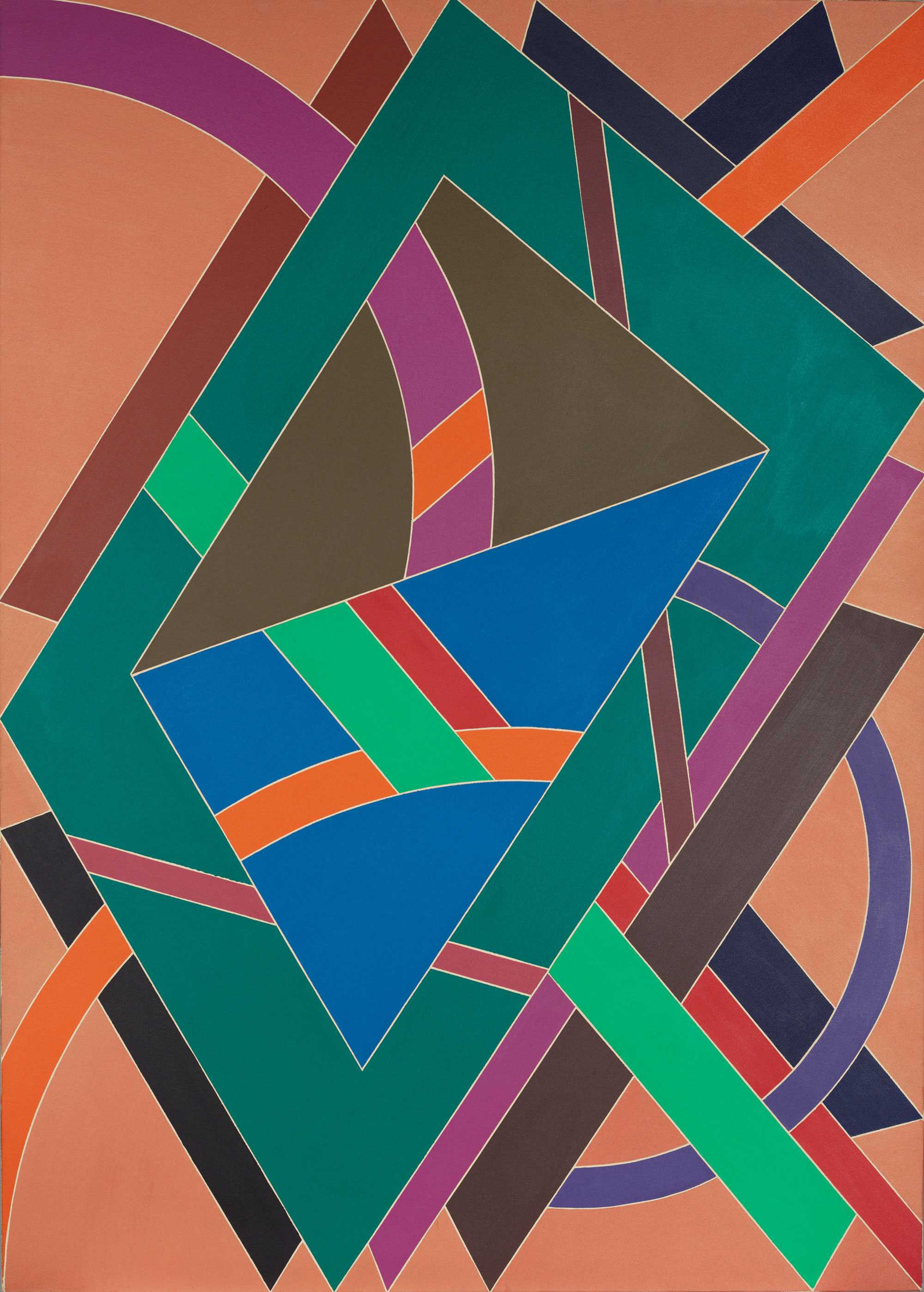Abstract artwork featuring overlapping geometric shapes in various colors, including blue, green, and orange, on a peach background.