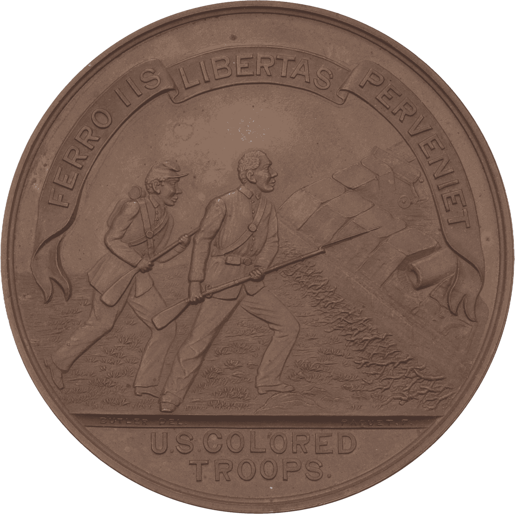 An Army of the James Medal, also known as The Butler Medal, consisting of an unpierced copper medal with no suspender or attached ribbon. The front of the medal contains an engraved wreath of what appears to be holly with a bow at the center and a single five-sided star flanking the lower left and right side of the wreath. Around the outside of the wreath are the words, "DISTINGUISHED FOR SERVICE." At the center of the wreath are the words, "CAMPAIGN BEFORE RICHMOND / 1864."The reverse side of the medal is engraved with a depiction of a group of African American soldiers storming a Confederate occupied military fort. Surrounding the engraving are Latin words within an unfurled banner "FERRO IIS LIBERTAS PERVENIET." Below the engraving are the words, "U.S. COLORED TROOPS."