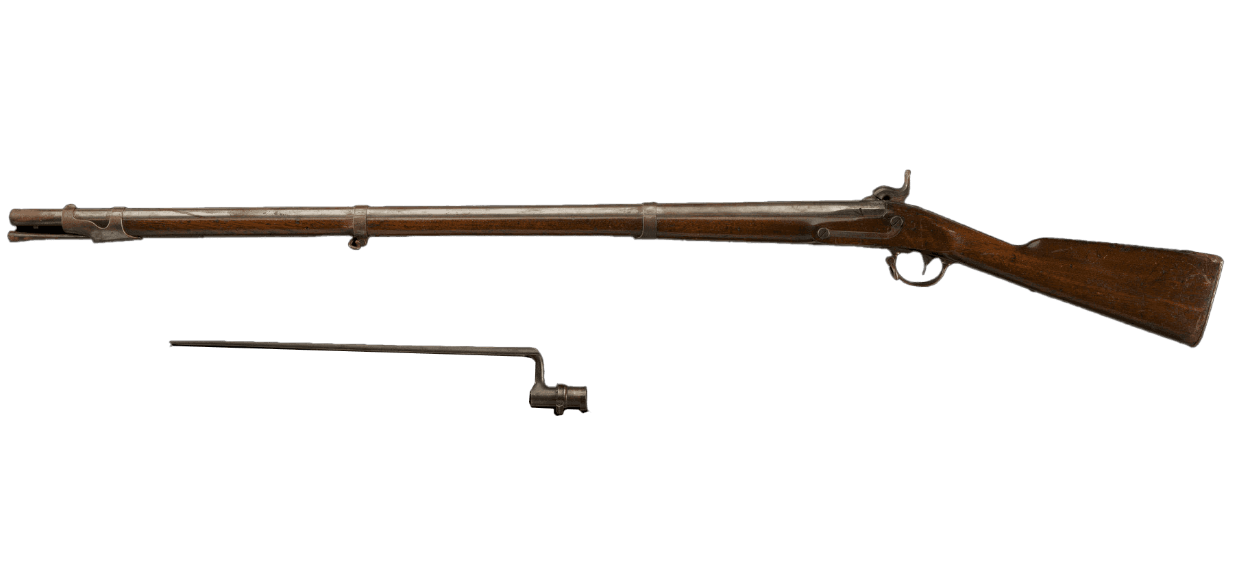 A U.S. Model 1842 .70 caliber musket (a) and bayonet (b) manufactured by Springfield Armory, circa 1847. The musket features a dark walnut stock, steel barrel and detached bayonet, muzzle, front right, stored ramrod, barrel bands and other steel fittings. The bayonet (b) is engraved with “US” on its inside below the blade. On the proper right lock plate is engraved “SPRINGFIELD 1847” and an eagle with “US” beneath it. Proof marks “V / P” are engraved on the proper left side of the breech. The rusting butt plate is with “US” engraved near a stock screw.