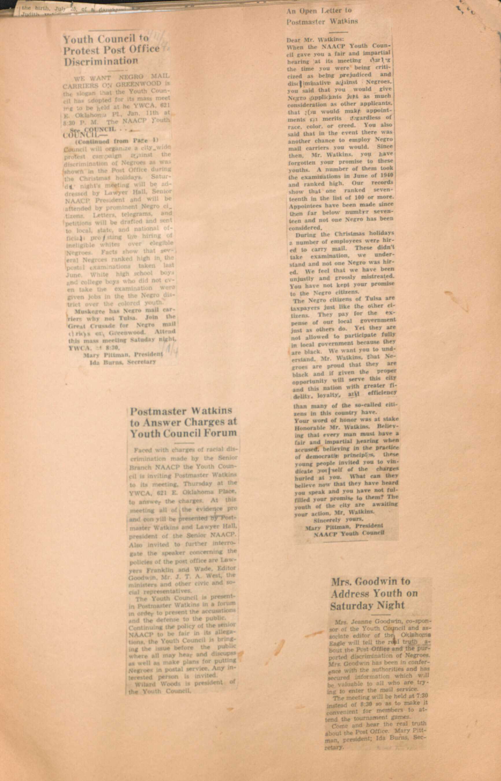 A large scrapbook compiled by Mary S. Williams, sponsor of the Tulsa Youth Council of the N.A.A.C.P. The cover of the scrapbook has a outdoor fall woodsy scene with [SCRAPBOOK] in red letters at bottom center. The interior pages contains mostly newspaper clippings as well as pamphlets, event programs, conference ephemera, and a copy of the N.A.A.C.P. Youth Herald newsletter. The subjects include membership and leadership changes for the organization, essay contests, a protest of the segregated Youth and Democracy Rally, the 9th Annual Vocational Opportunity Campaign, and cleaning up vacant lots in Greenwood as part of National Negro Health Week. On one page is a group photograph of the [1922 Football Squad of Hampton Institute], which includes W.D. Williams. Towards the back of the scrapbook is a [Certificate of Affiliation] with the "Double V Clubs of America." The first and last few pages have handwritten inscriptions from students addressed to Mrs. W.D. Williams.