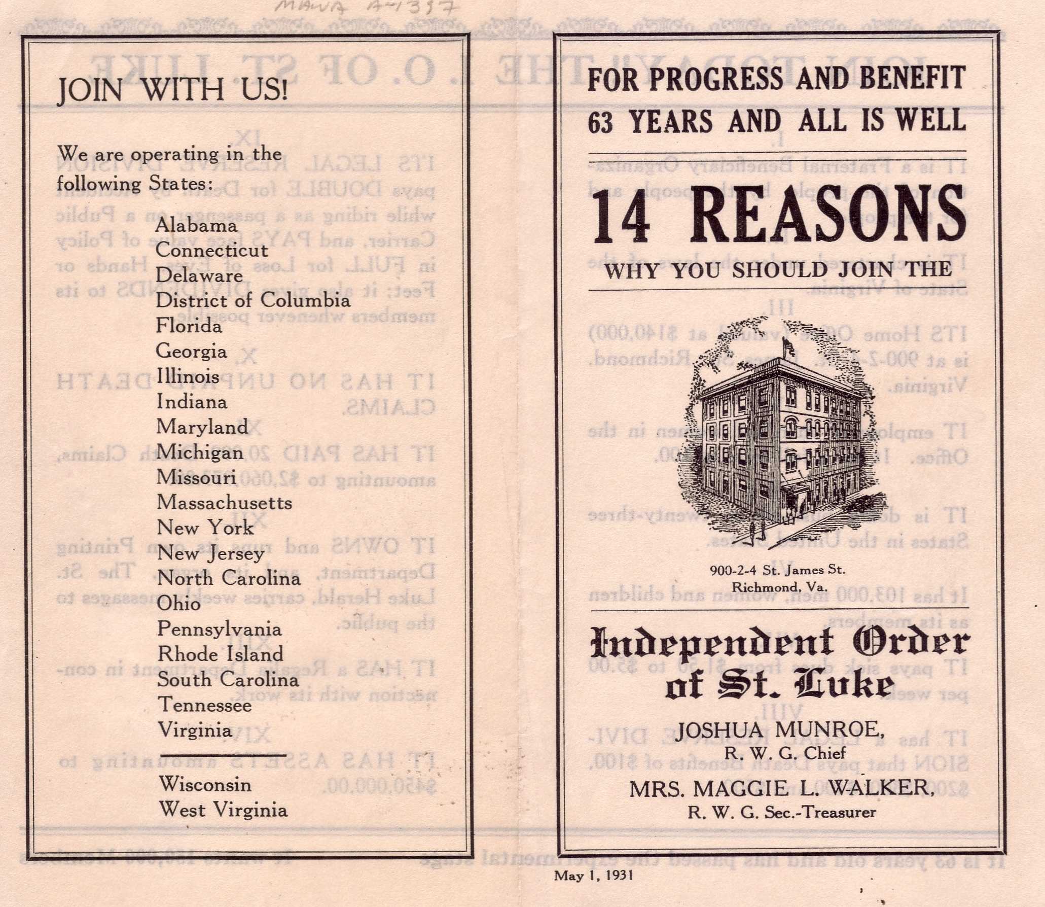 Recruitment brochure from Independent Order of St Luke