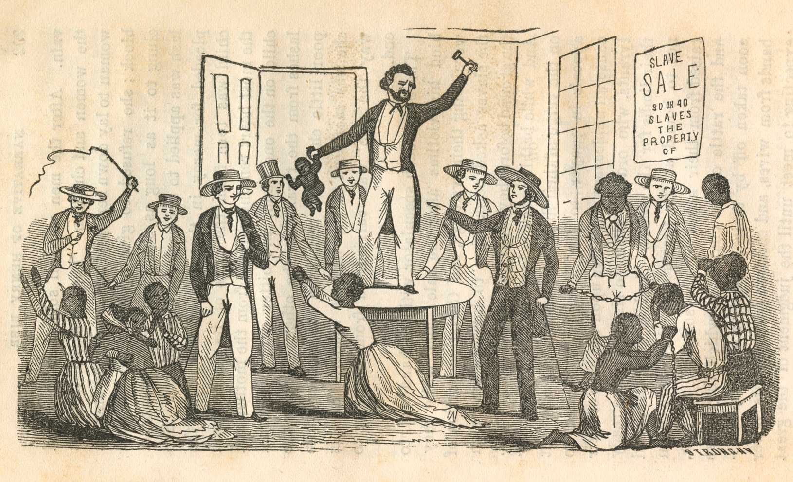 Black and white illustration of slave auction