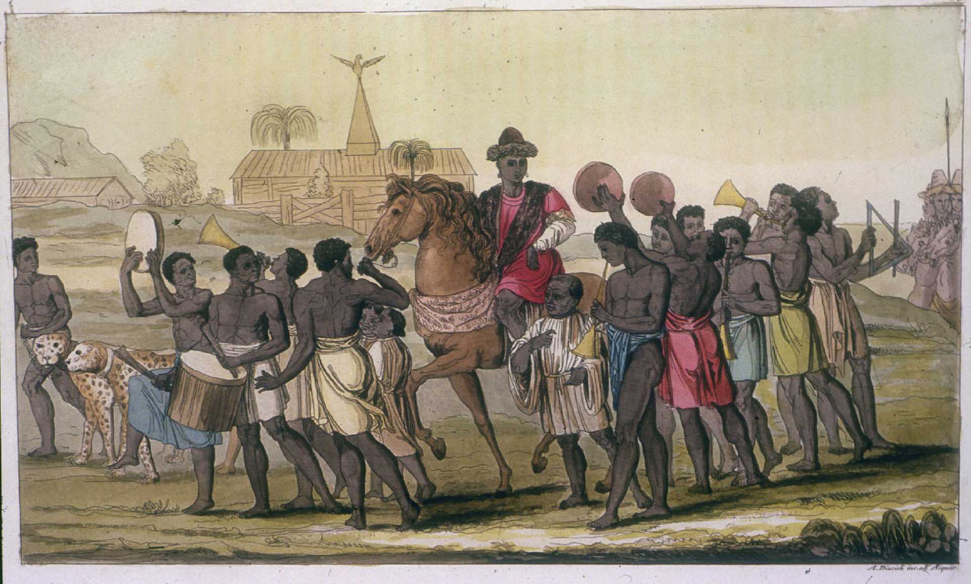 Painting of the King of Benin on horseback with other people crowded around him.
