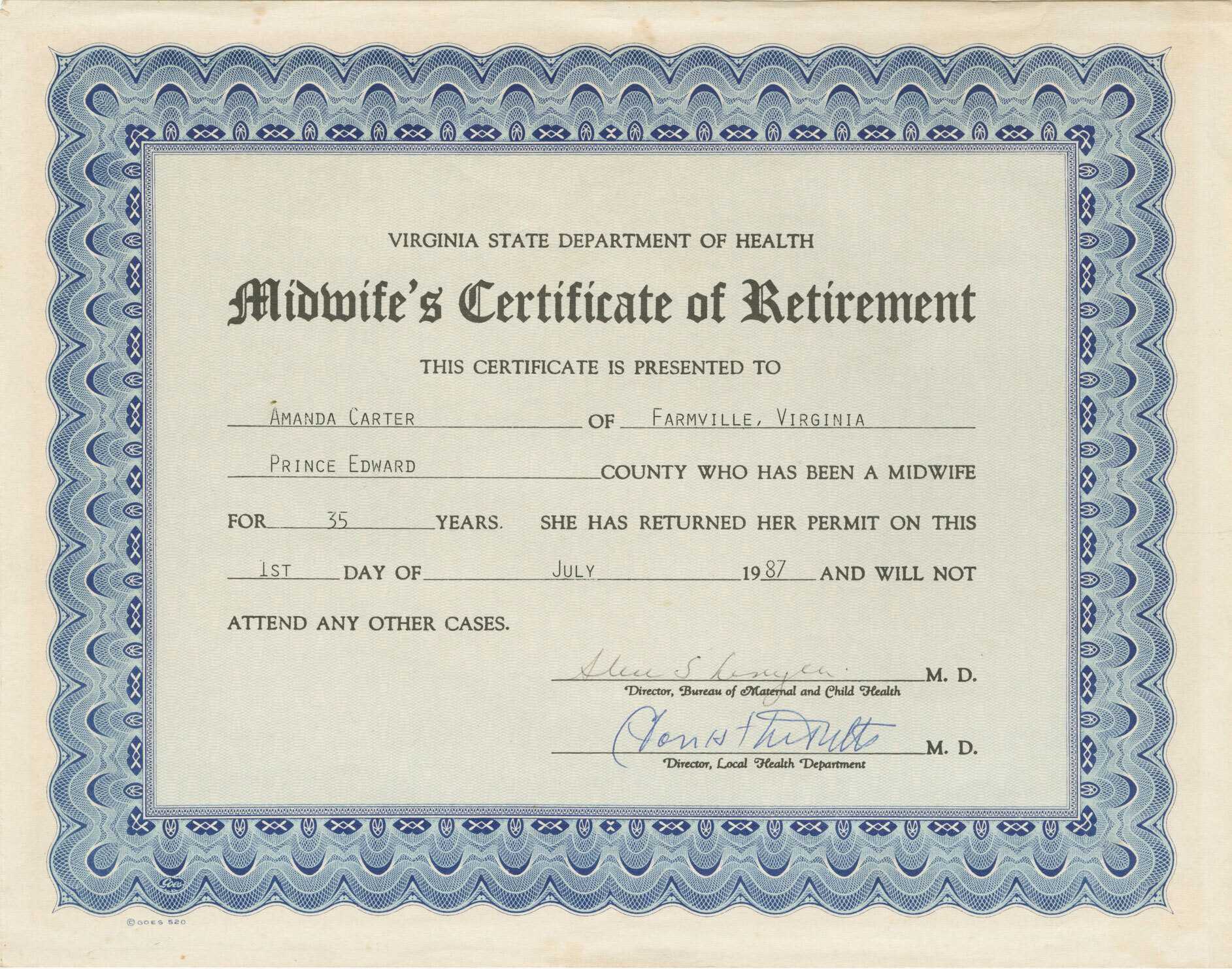 A "Midwife's Certificate of Retirement" issued by the Virginia State Department of Health to Amanda Carter.