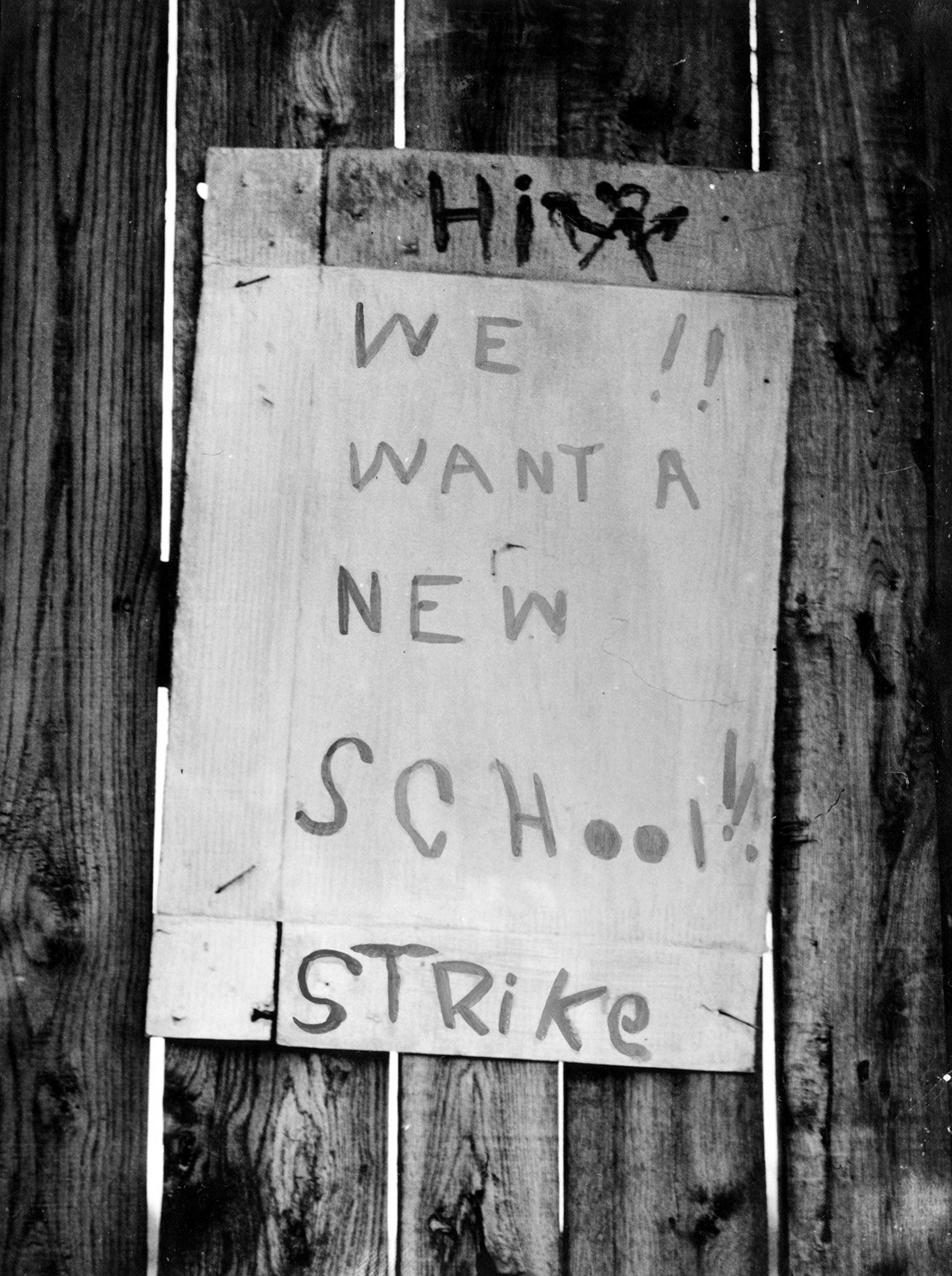 Photograph of Student strike sign posted at Moton High School