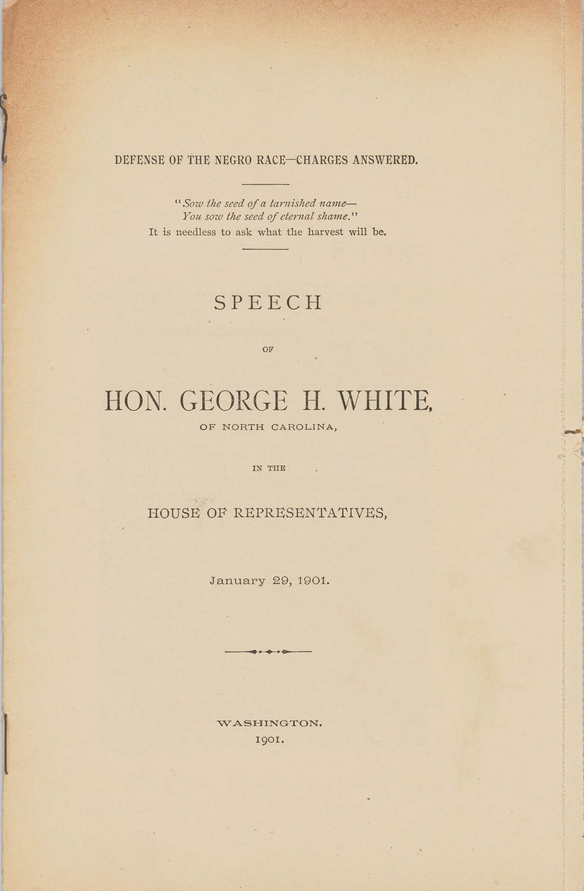 Cover page of the speech "Defense of the Negro Race" by Hon. George H. White