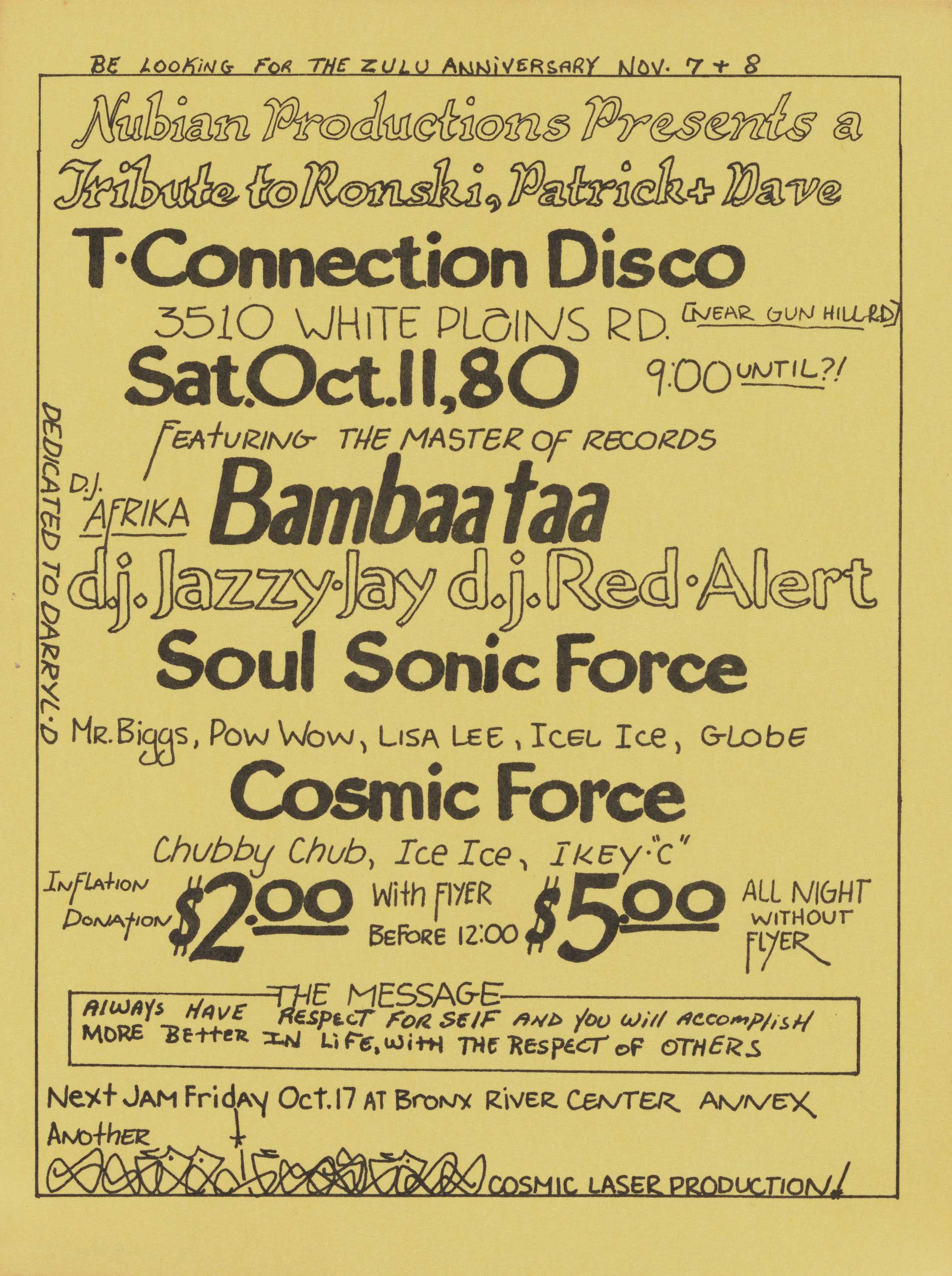 A yellow flyer with bolded typography featuring T-Connection, Bambaataa, and Soul Sonic Force.