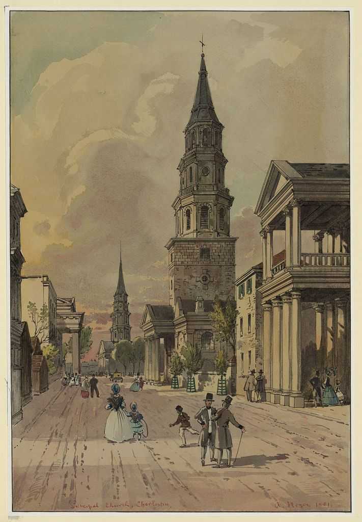 Watercolor or print of watercolor showing street scene with church in background.  There is a handwritten note on bottom of image "Principle Church, Charleston."