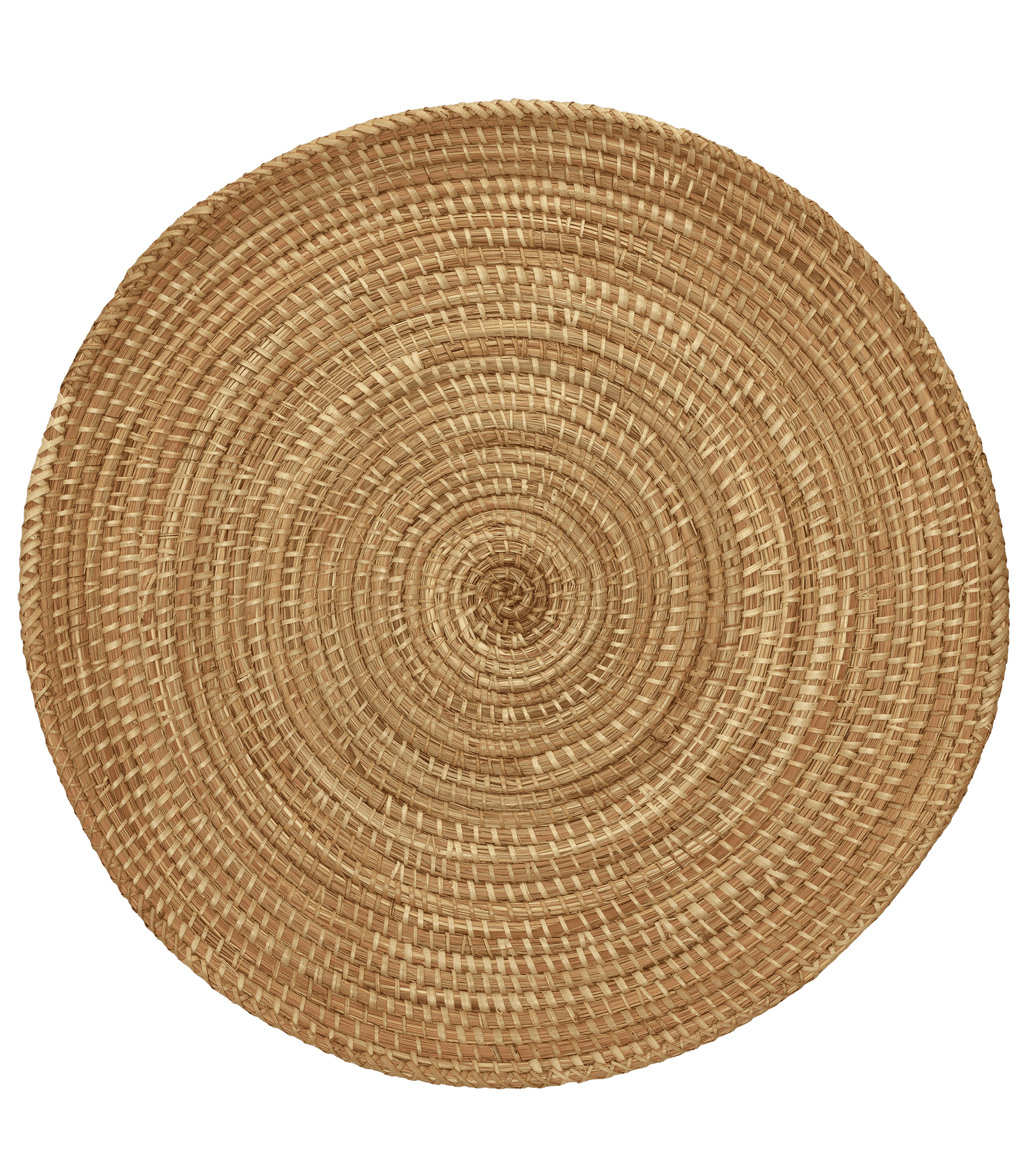 A Senegelese rice fanner basket made of coiled sweetgrass and plant fibers.  The basket is circular.