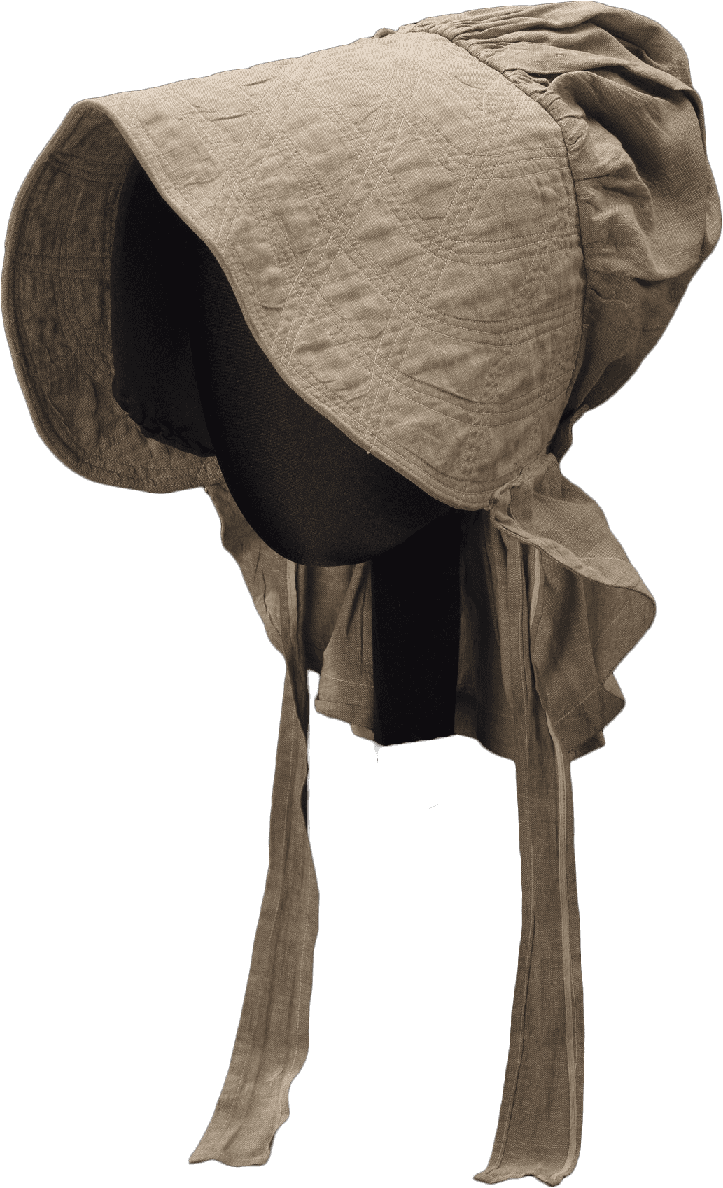A taupe-colored bonnet with cross-stitched brim and chin straps believed to have been worn by Martha Miller Barnes while she was enslaved as a field laborer by E.A.J. Miller on his plantation near Waterproof, Louisiana.

The bonnet is a linen and cotton blend plain weave fabric. It has a short skirt that is cinched on the underside with a tied string. There is a decorative flap over the gathered portion that buttons on one side with a mother-of-pearl button. There are self-fabric short ties sewn at each interior side. The front of the bonnet has three layers, the brown linen/cotton blend is used as the facing and the lining, and there is an additional layer of  plain undyed muslin that is peeking out on the underside of the seam. The front is heavily stitched with off-white thread to make it stiff. It is machine sewn. There are some minimal brown spot stains concentrated in a scattered manner on the underside of the brim. The brim is creased at the center from being folded.