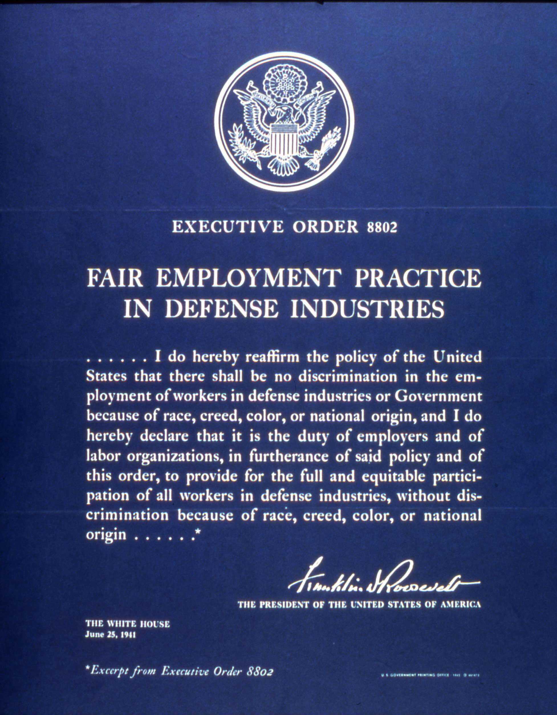 Image of Executive Order 8802, “Fair Employment Practice in Defense Industries”
