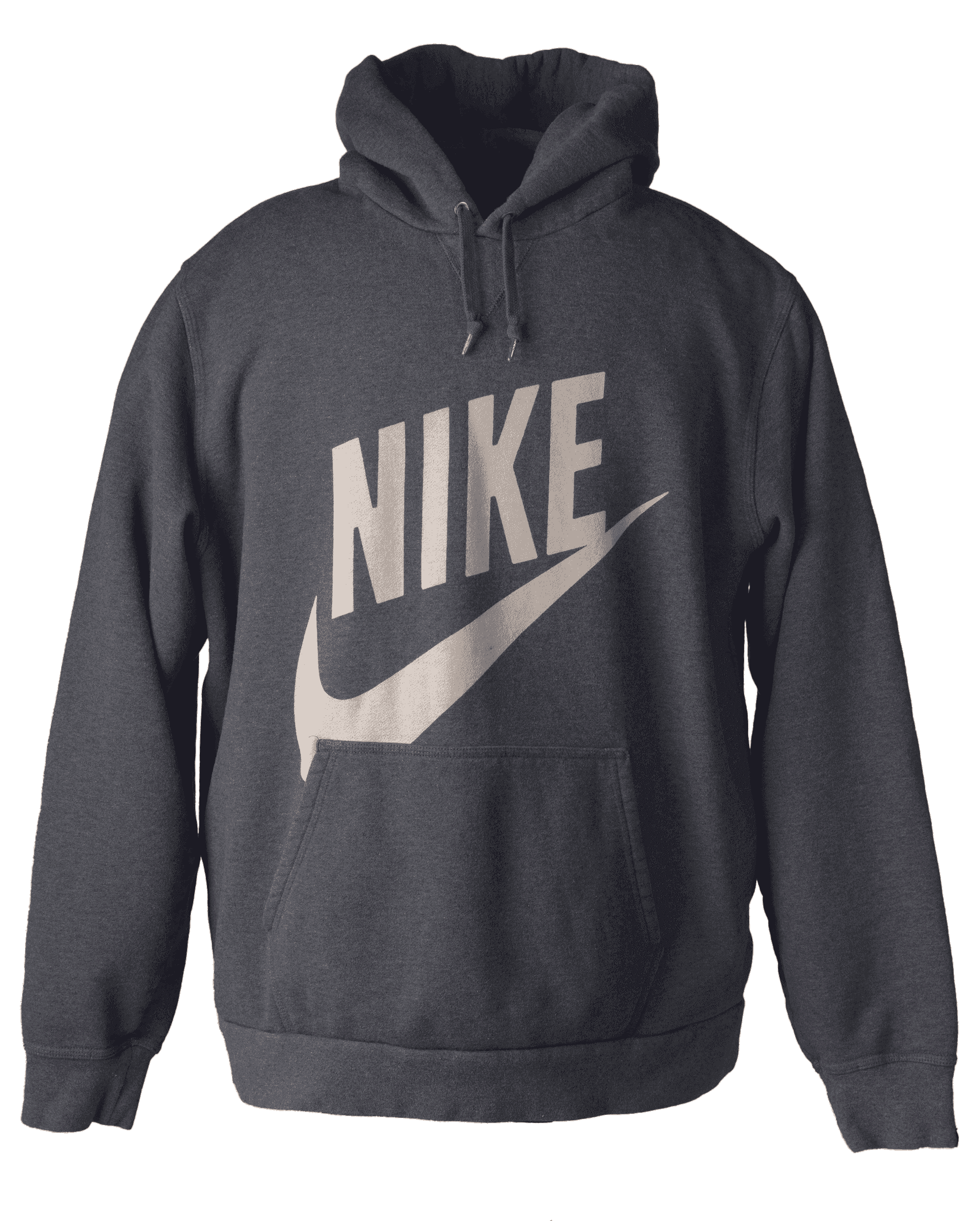 A dark gray Nike sweatshirt with the Nike brand and logo in large light grey font. The sweatshirt has a hood.