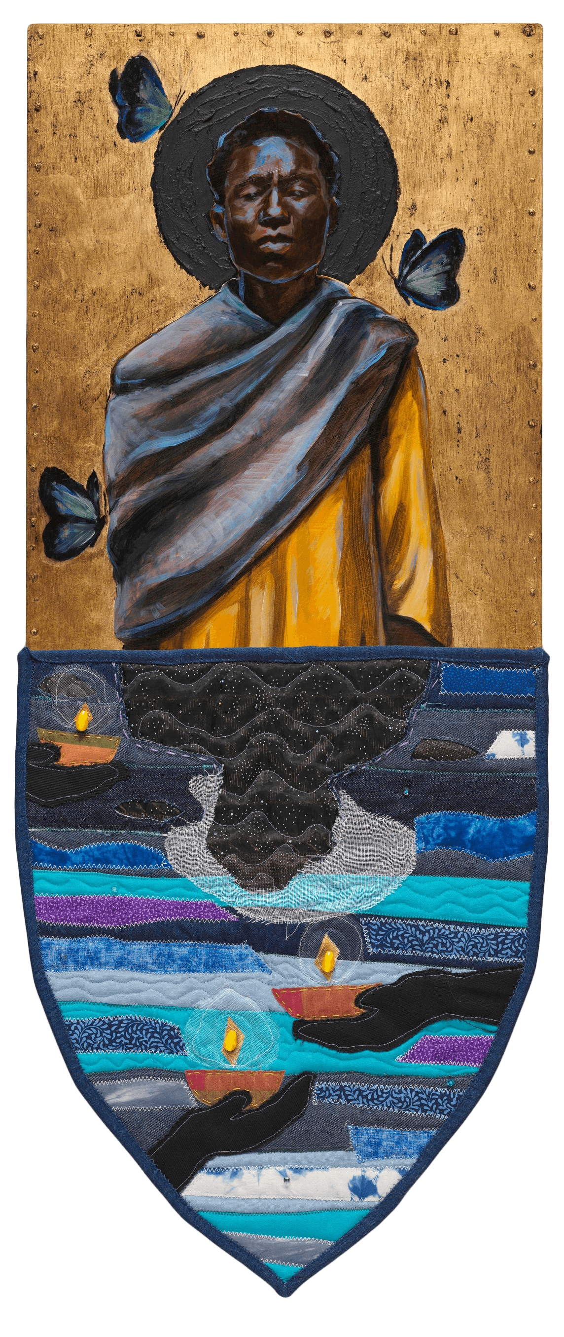 A mixed media piece of art by Stephen Towns that has a painting of a black man facing forward with his eye's closed above his reflected in the water.