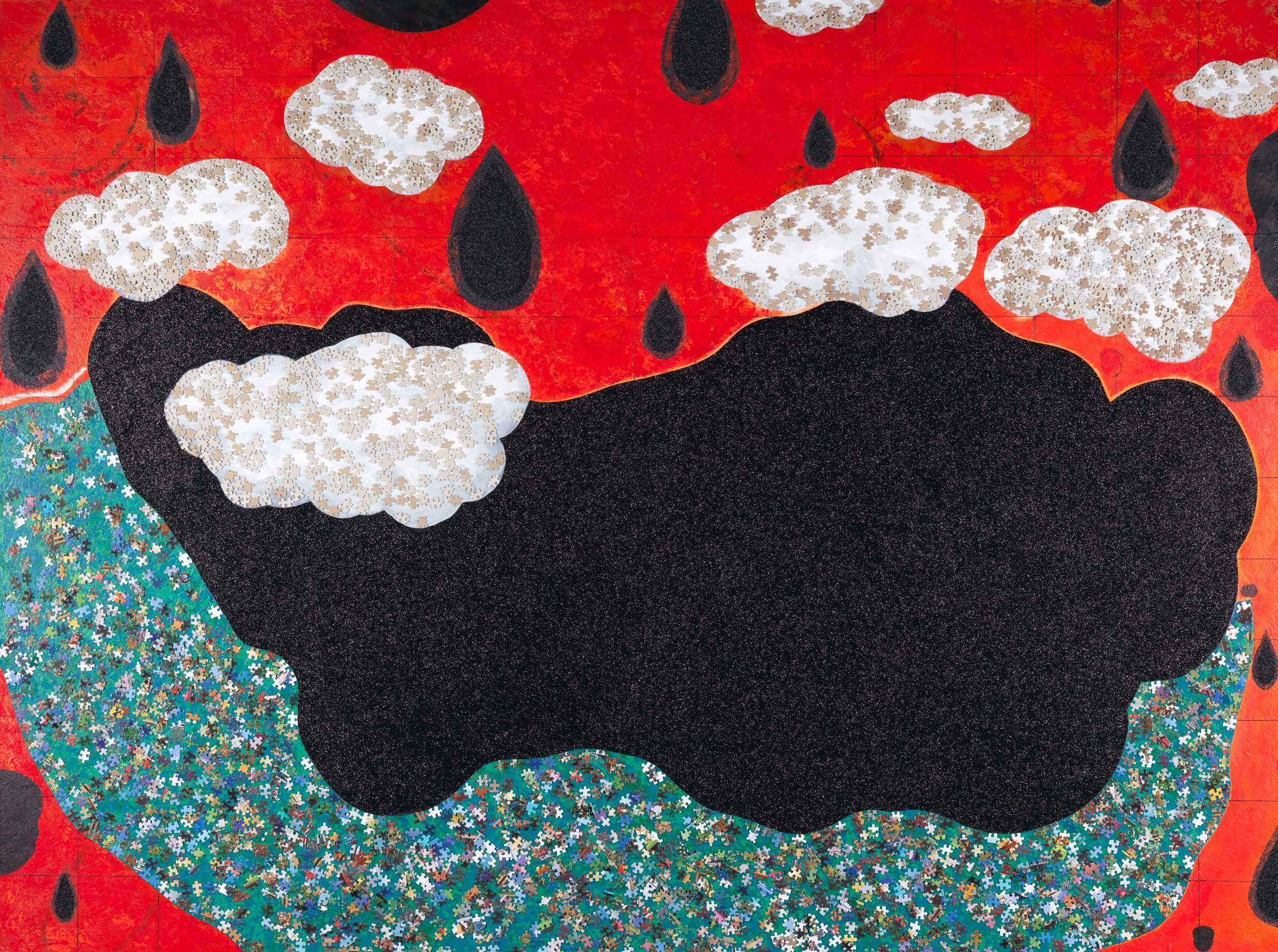 Abstract art with black cloud shape, red background, puzzle piece patterns, and white textured clouds.