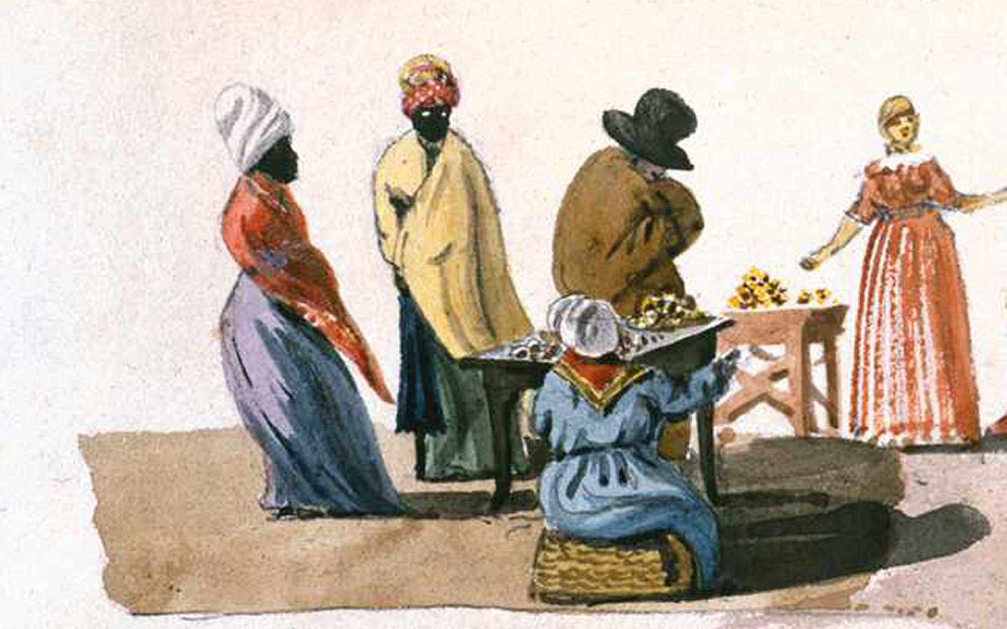 Watercolor painting of different merchants at a market