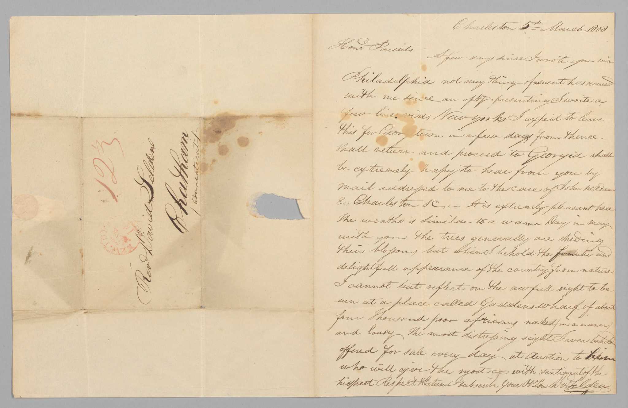 This letter was written from Charleston, South Carolina, on March 5, 1808, by David Selden to his parents in Chatham, Connecticut.