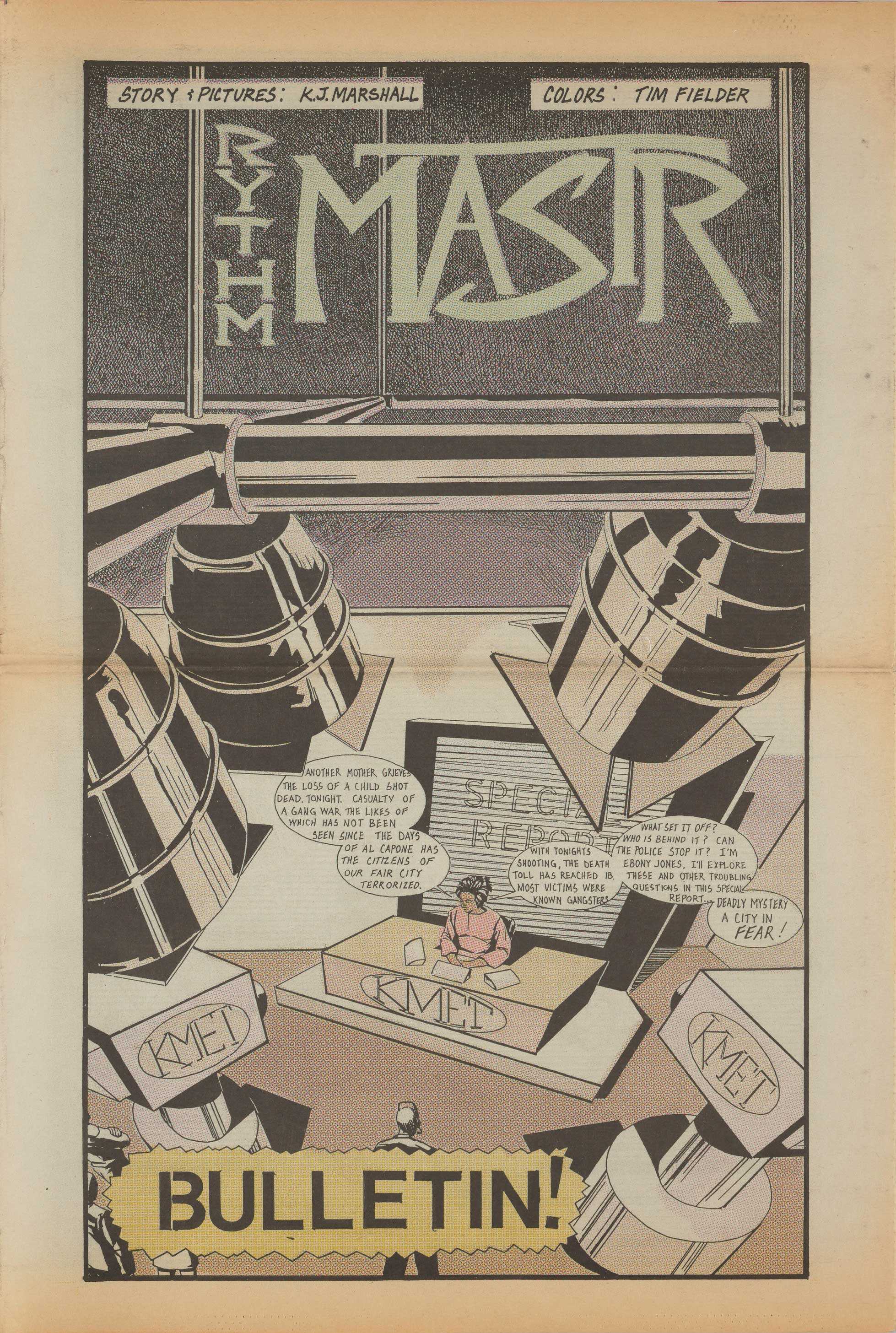 The cover of Rythm Mastr: Bulletin! has a scene of a soundstage with a woman in a pink dress broadcastings the news.