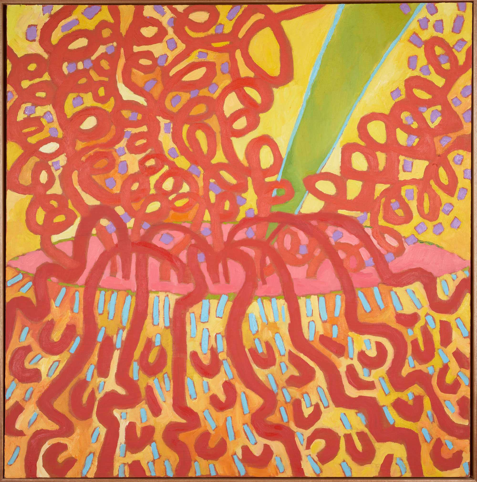 Abstract painting with red swirling patterns on a yellow background, featuring a diagonal green stripe and scattered blue shapes.
