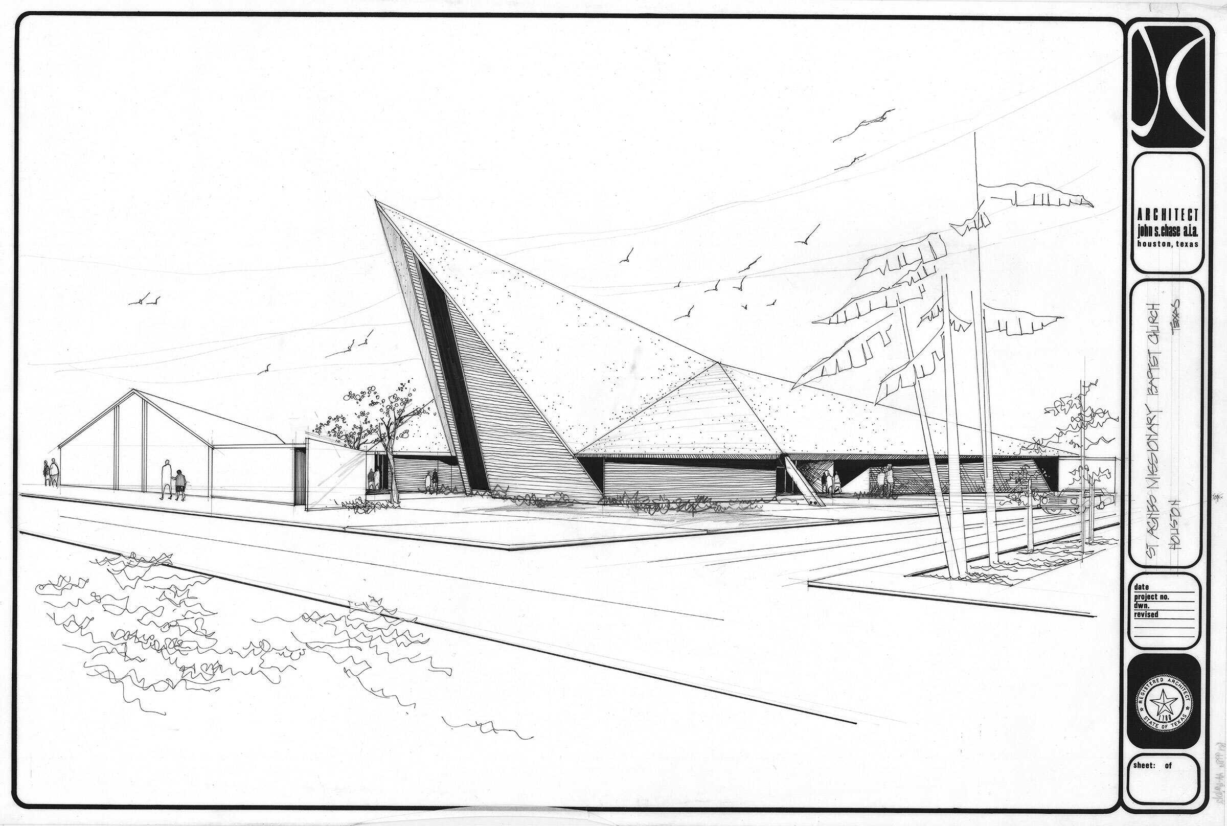 Architectural drawing of a modern building with triangular spire, by John S. Bolles.