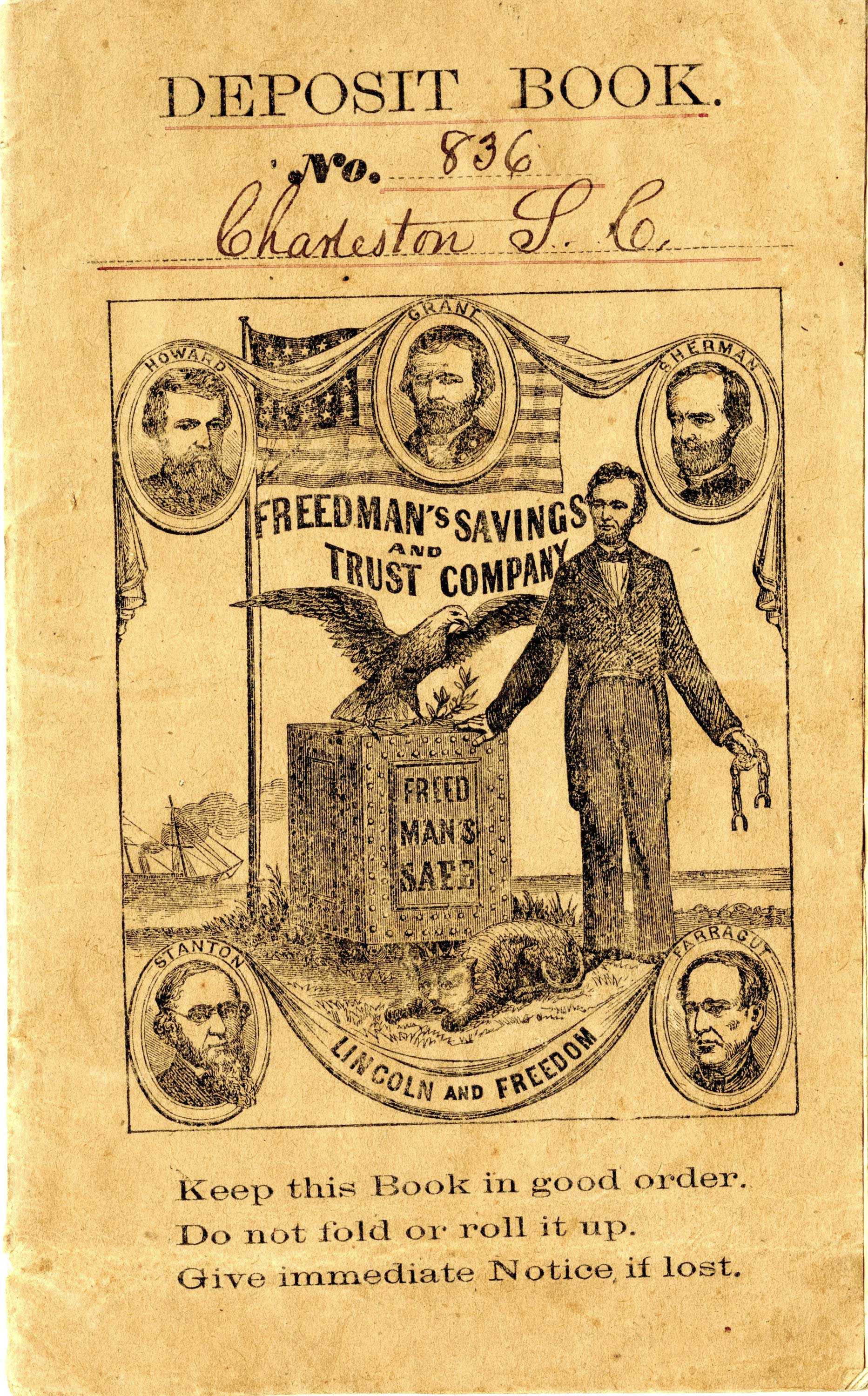 A cover of the Freedman’s Savings Bank deposit book. It is Book number 836 with a drawing of Lincoln and other political figures.