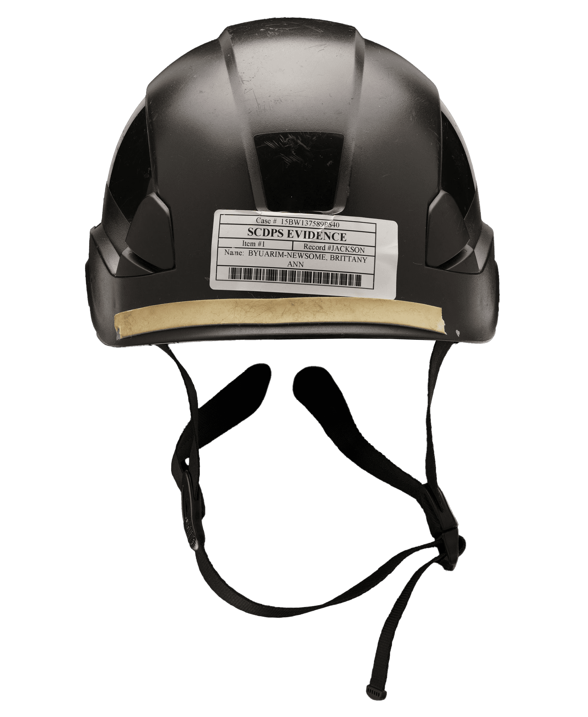 A black helmet with a sticker on the back that says 'Evidence'