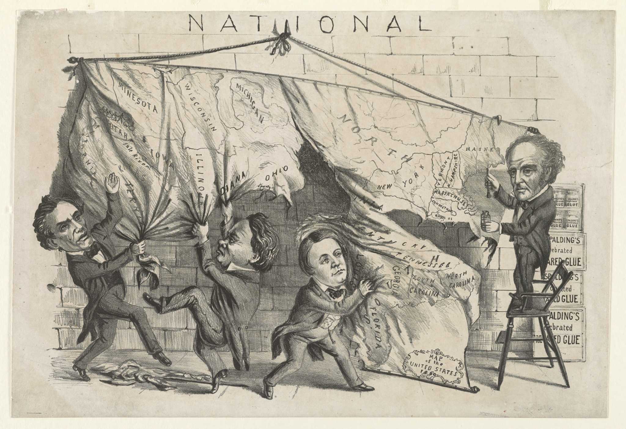 illustrated political cartoon showing politicians tearing a map apart