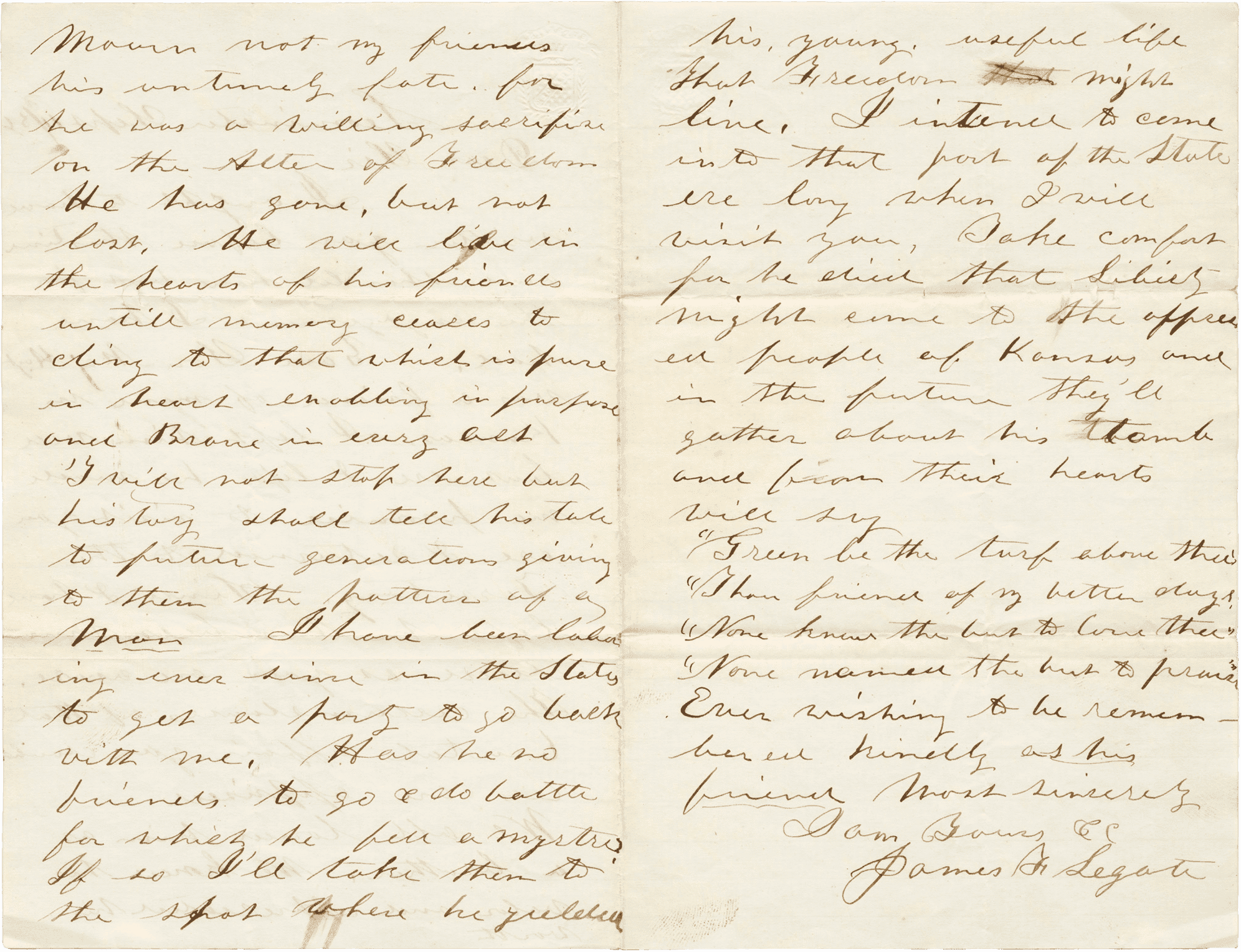 A letter, handwritten in black ink on white paper, offering the condolences of James F. Legate to the parents of David Hoyt on the occasion of Hoyt's death. The letter is written in brown ink on a single sheet of white paper, folded to make four pages. The correspondence begins on the first page with [Leominster Sept 13/56 / Dear Sir] and concludes on the third page with [Ever wishing to be remem- / bered kindly as his friend most sincerely / I am Yours / James F. Legate].
