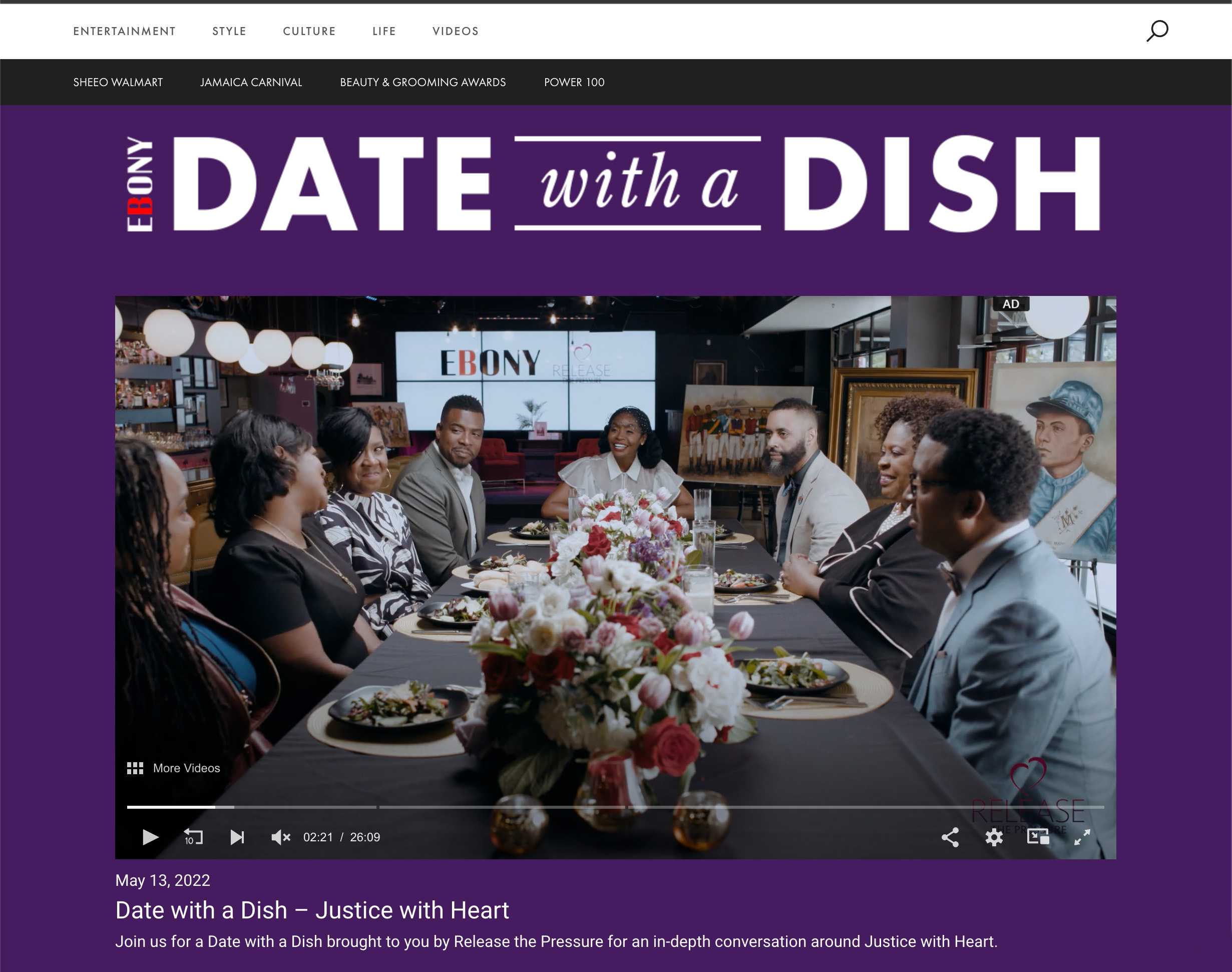 Date with Dish webpage with a purple background and a video of people sitting at a table together.