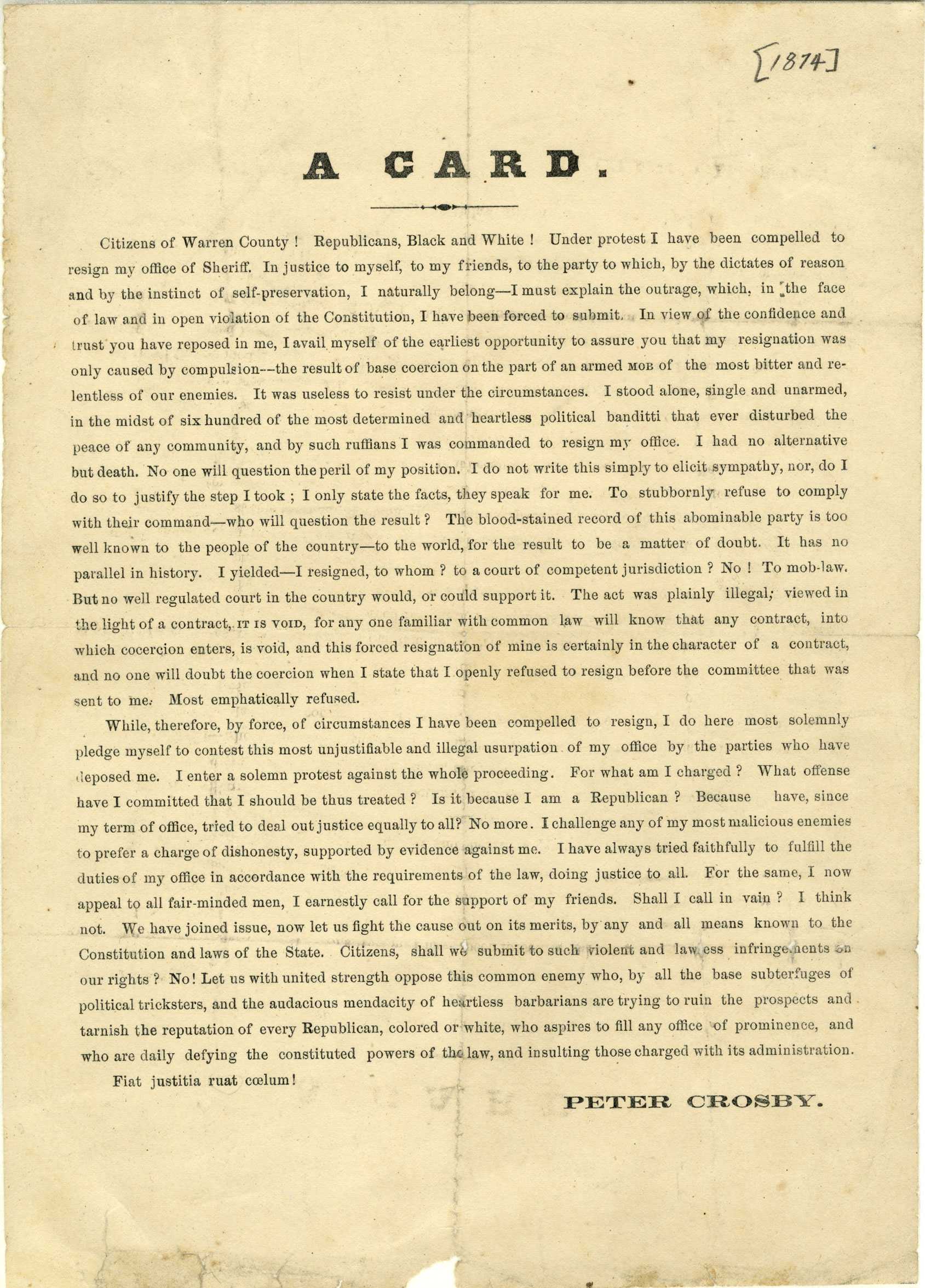 Paper document entitled "A Card" signed by Peter Crosby and dated 1874.