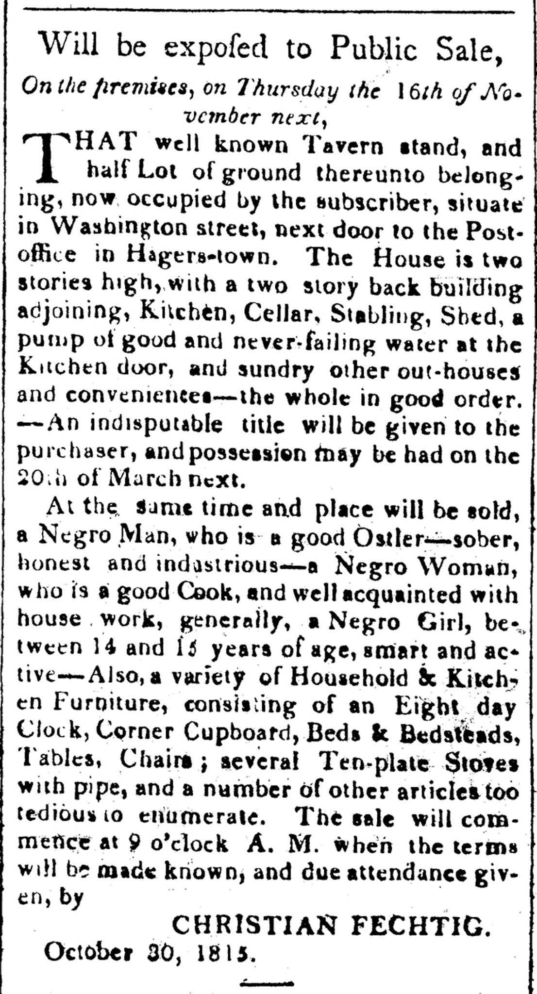 Newspaper advertisement for the sale of two enslaved persons