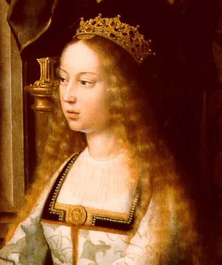 A painted portrait of Isabella I, staring off to the side. She has a gold crown and an elegant dress.