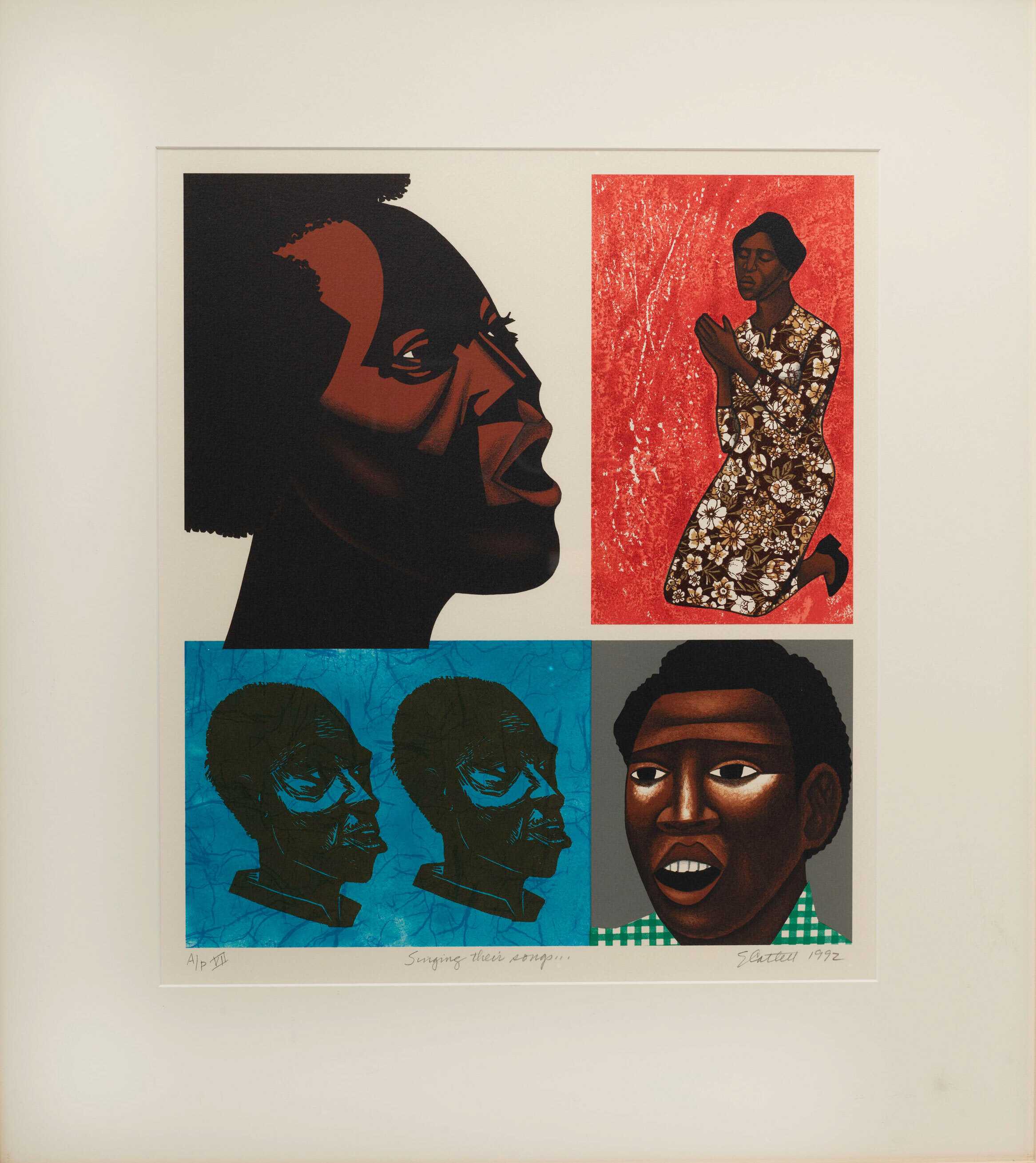 Composite of four artworks depicting expressive human figures and faces.